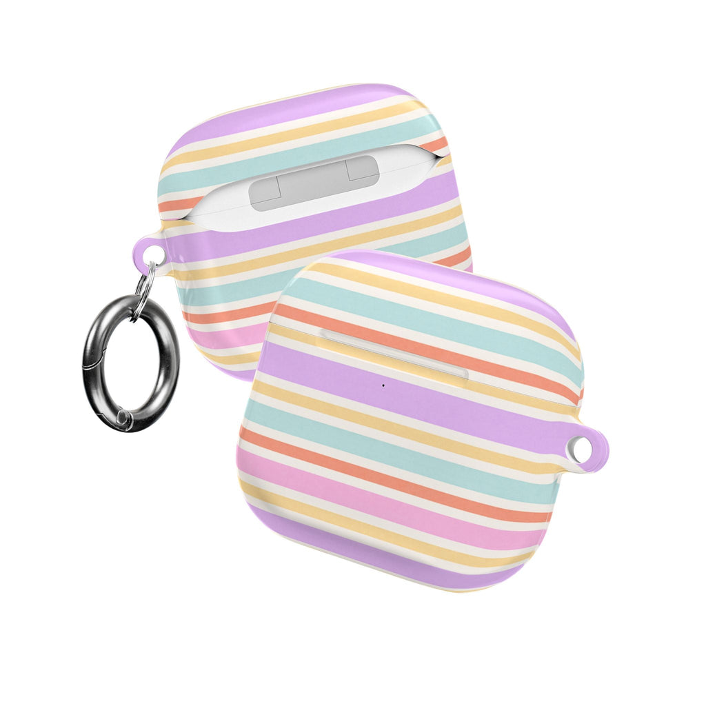 Striped AirPods case, side view with keyring clips and pastel horizontal stripes