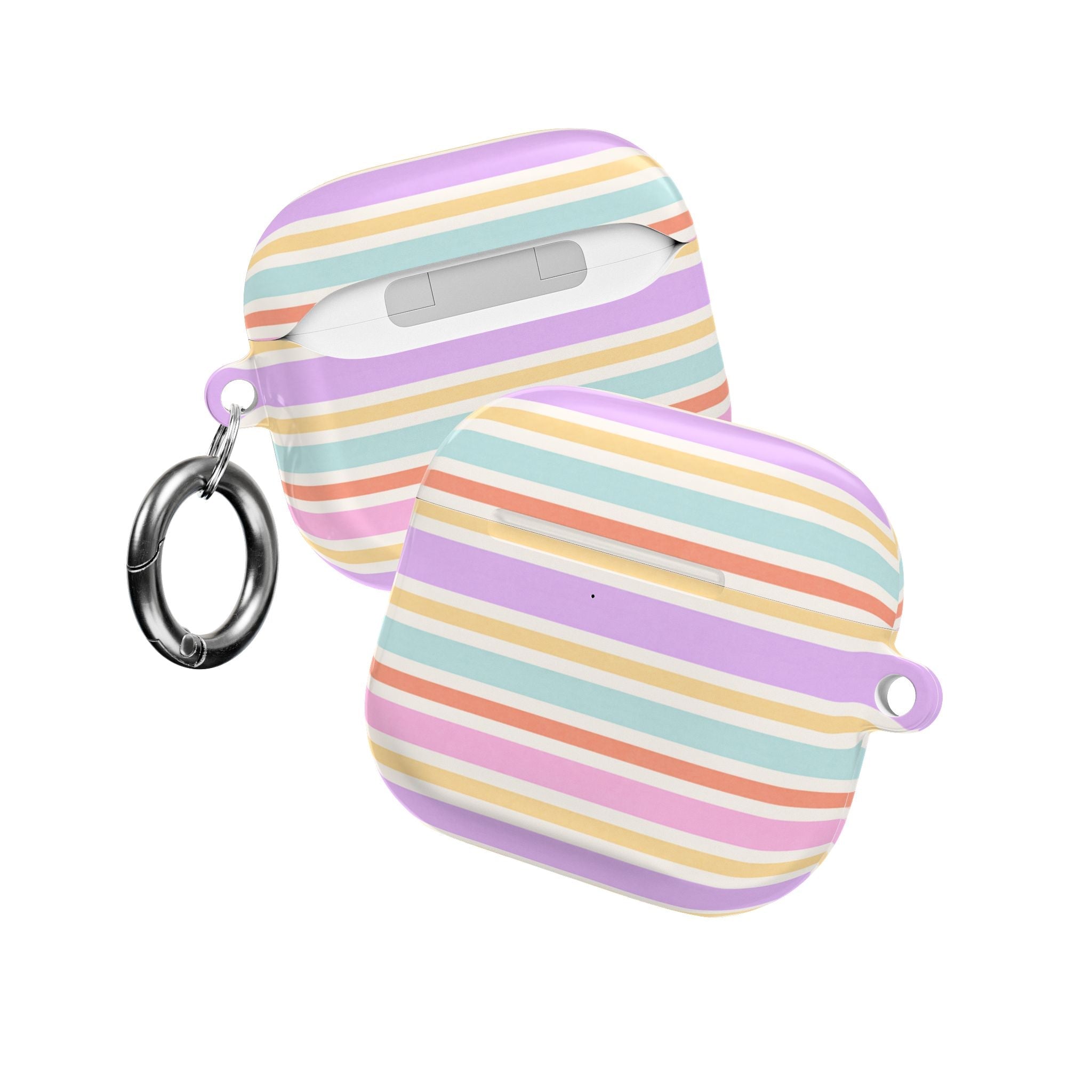 Striped AirPods case, side view with keyring clips and pastel horizontal stripes