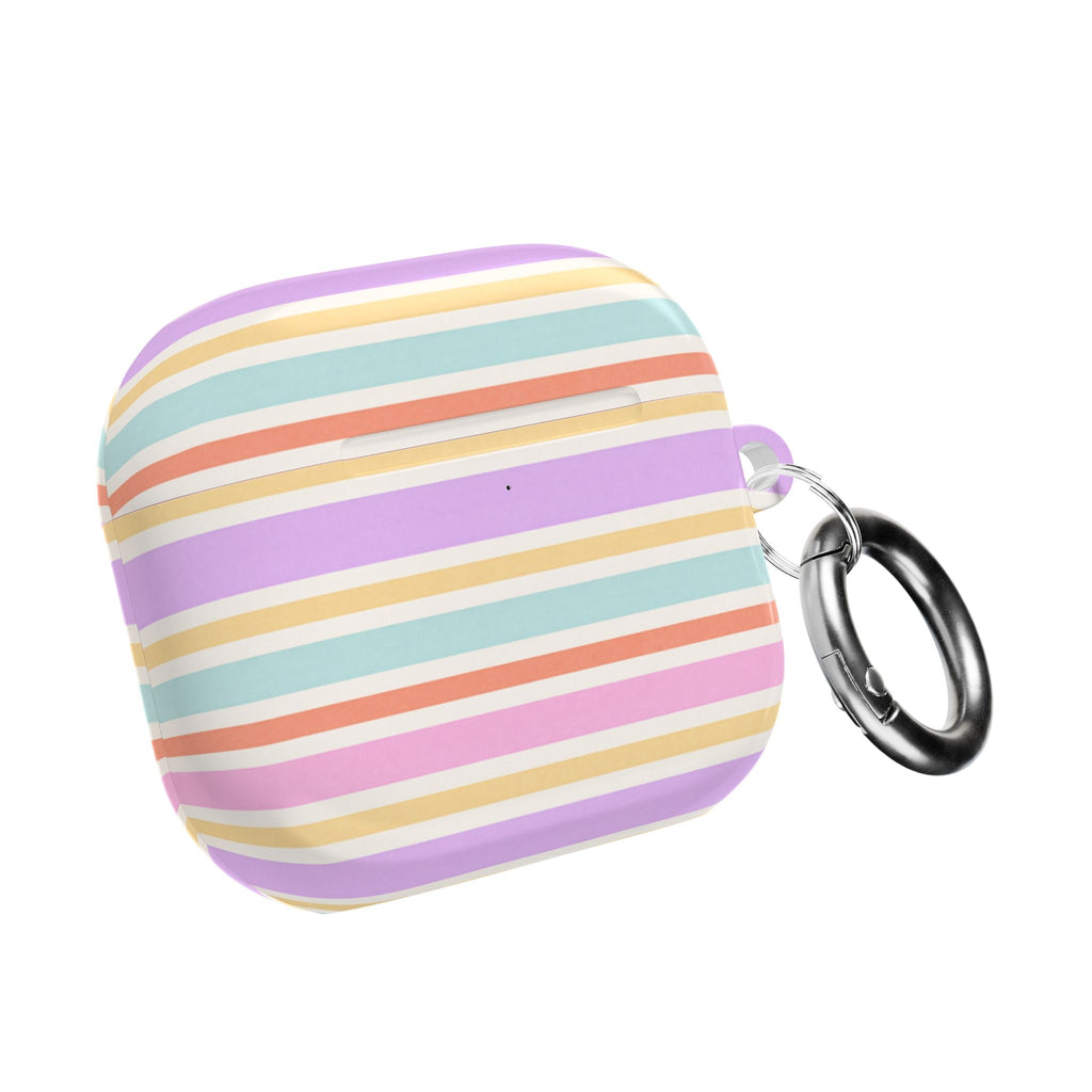 Striped AirPods case with keyring, closed shell in purple and pastel tones