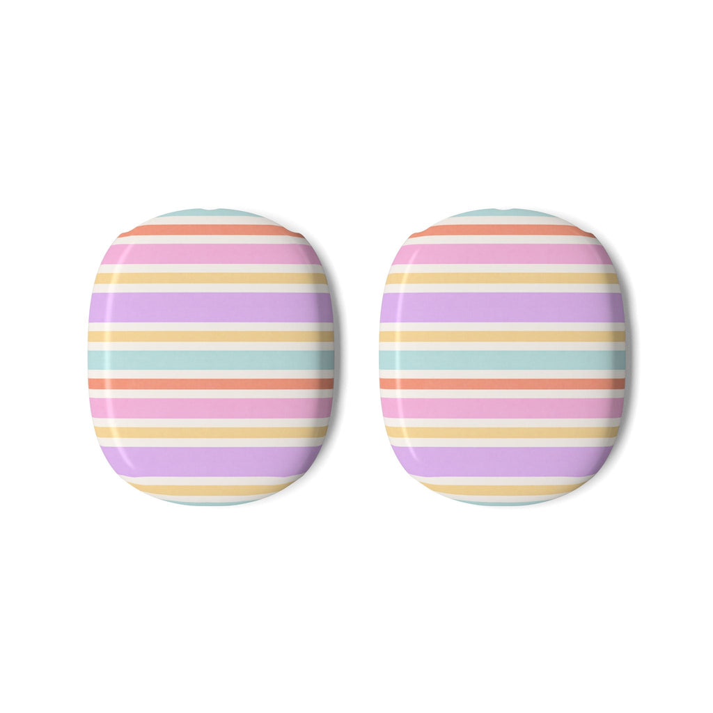 Pair of striped ear-cup covers in purple, orange, yellow, and blue