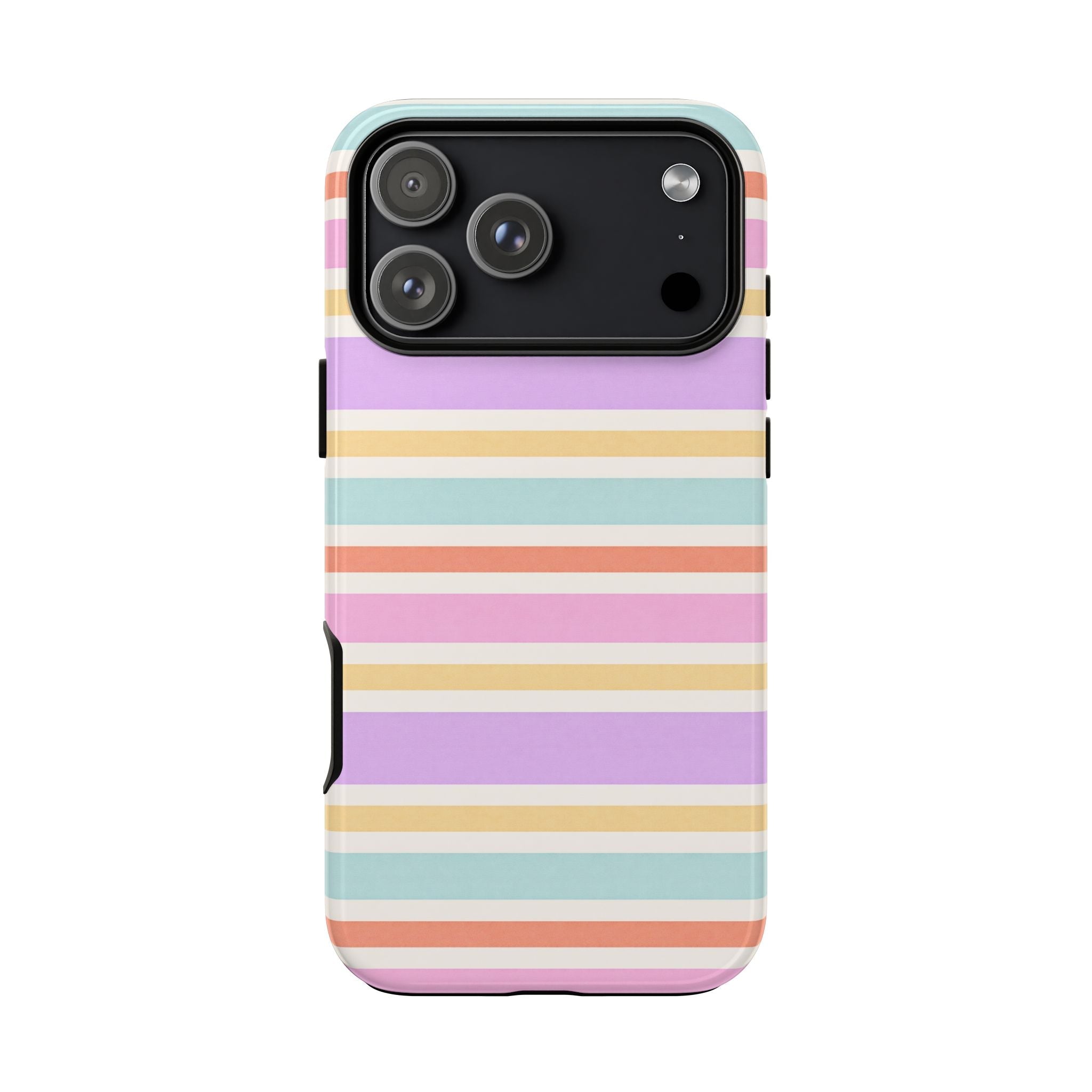 Pastel horizontal striped phone case with black camera frame and side button cutouts