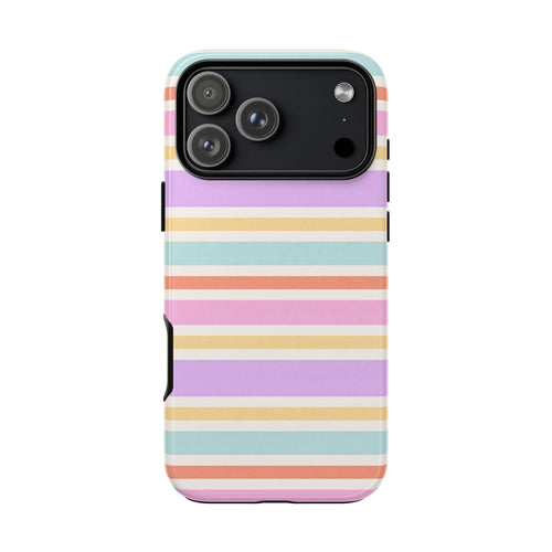 Pastel horizontal striped phone case with black camera frame and side button cutouts
