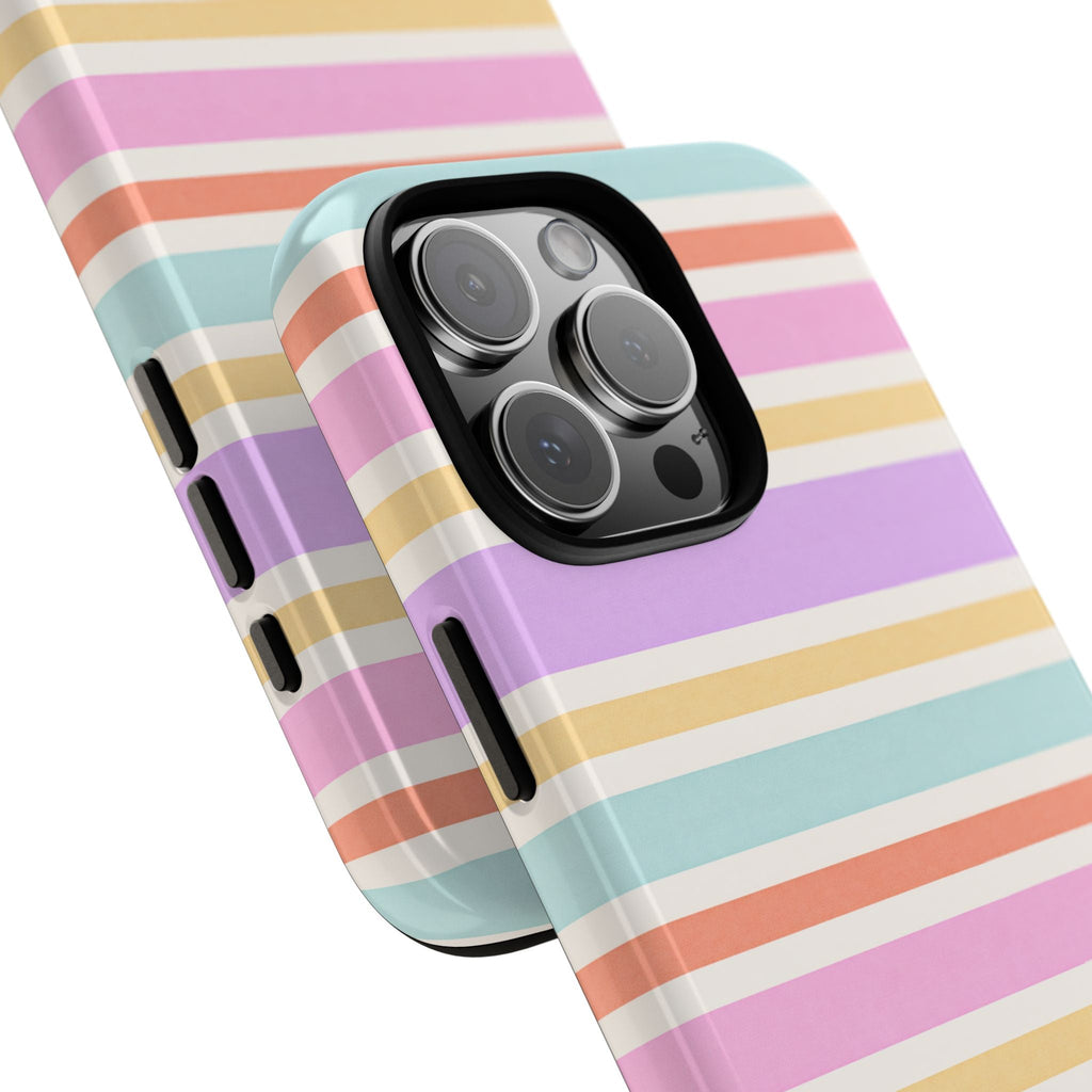 Pastel stripe phone case showing camera lenses and raised edge protection