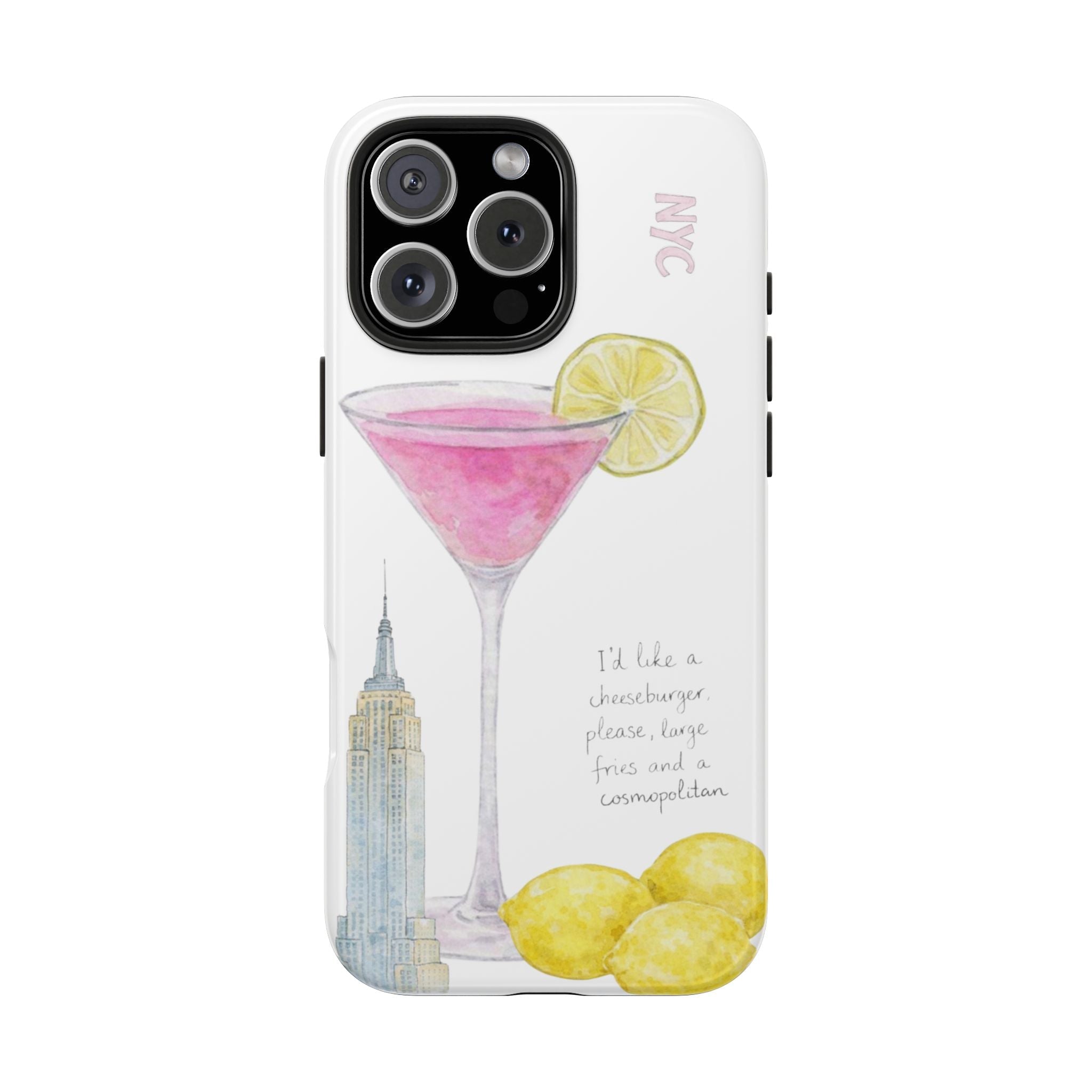 White phone case with NYC martini and lemon illustration, raised camera edges