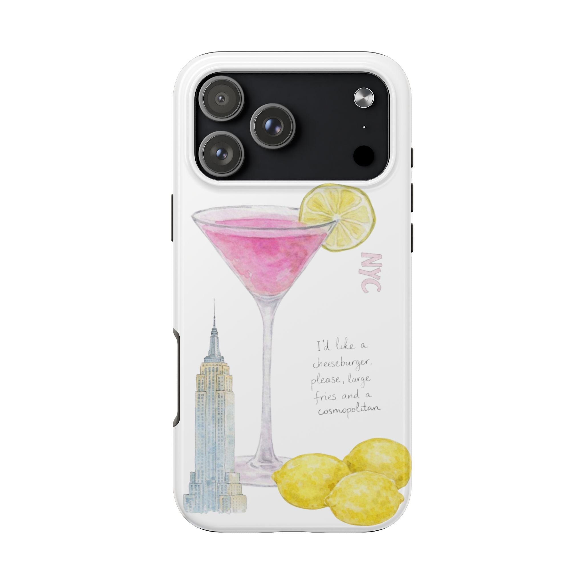 White phone case with NYC martini glass, lemon slice, and skyline artwork