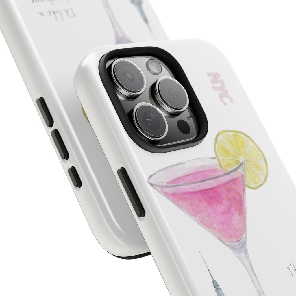 Close-up white case corner with camera openings and martini illustration