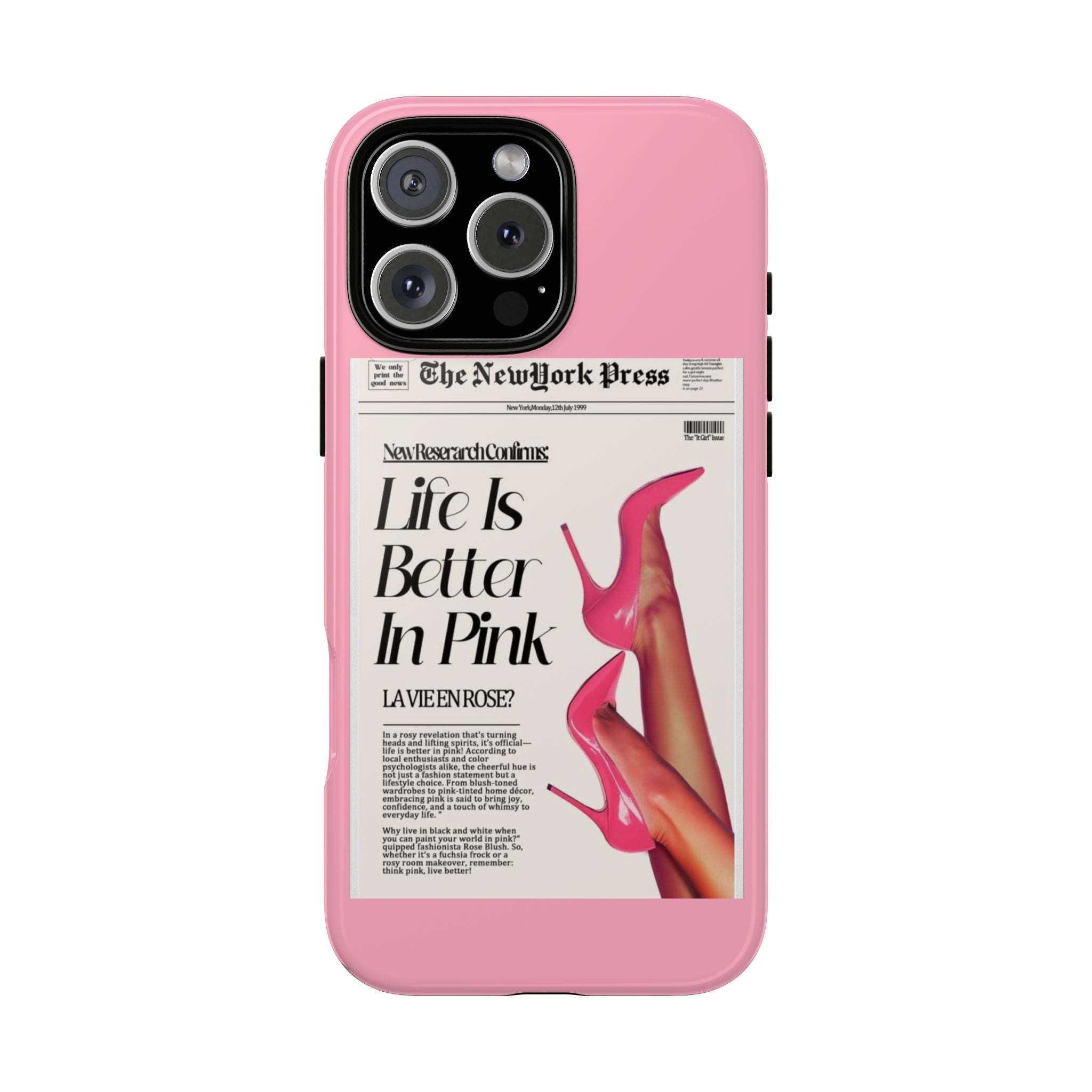 Pink phone case with New York Press text and fashion illustration on back