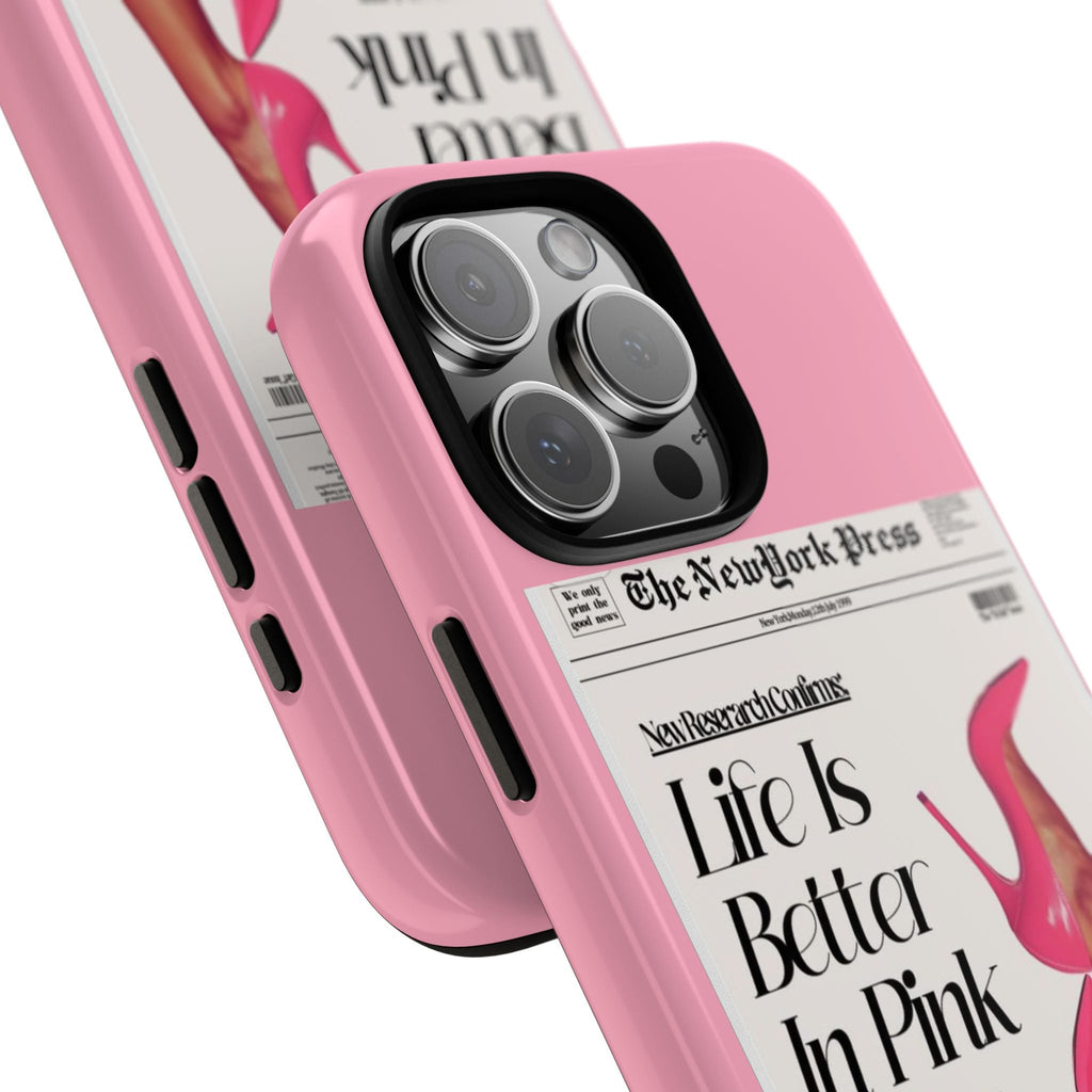 Pink phone case with camera cutouts, “Life Is Better In Pink” headline