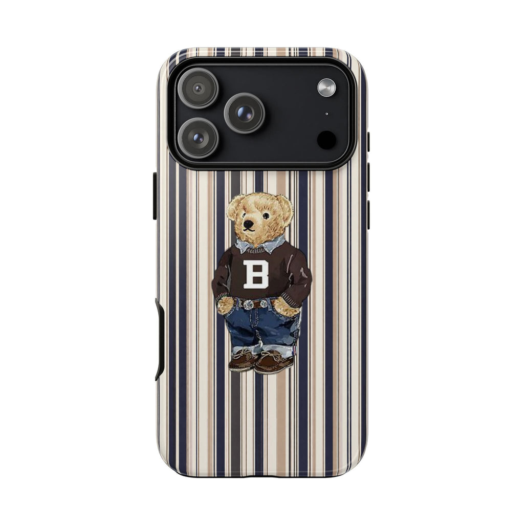Striped phone case with teddy bear wearing bow tie and varsity letter B graphic