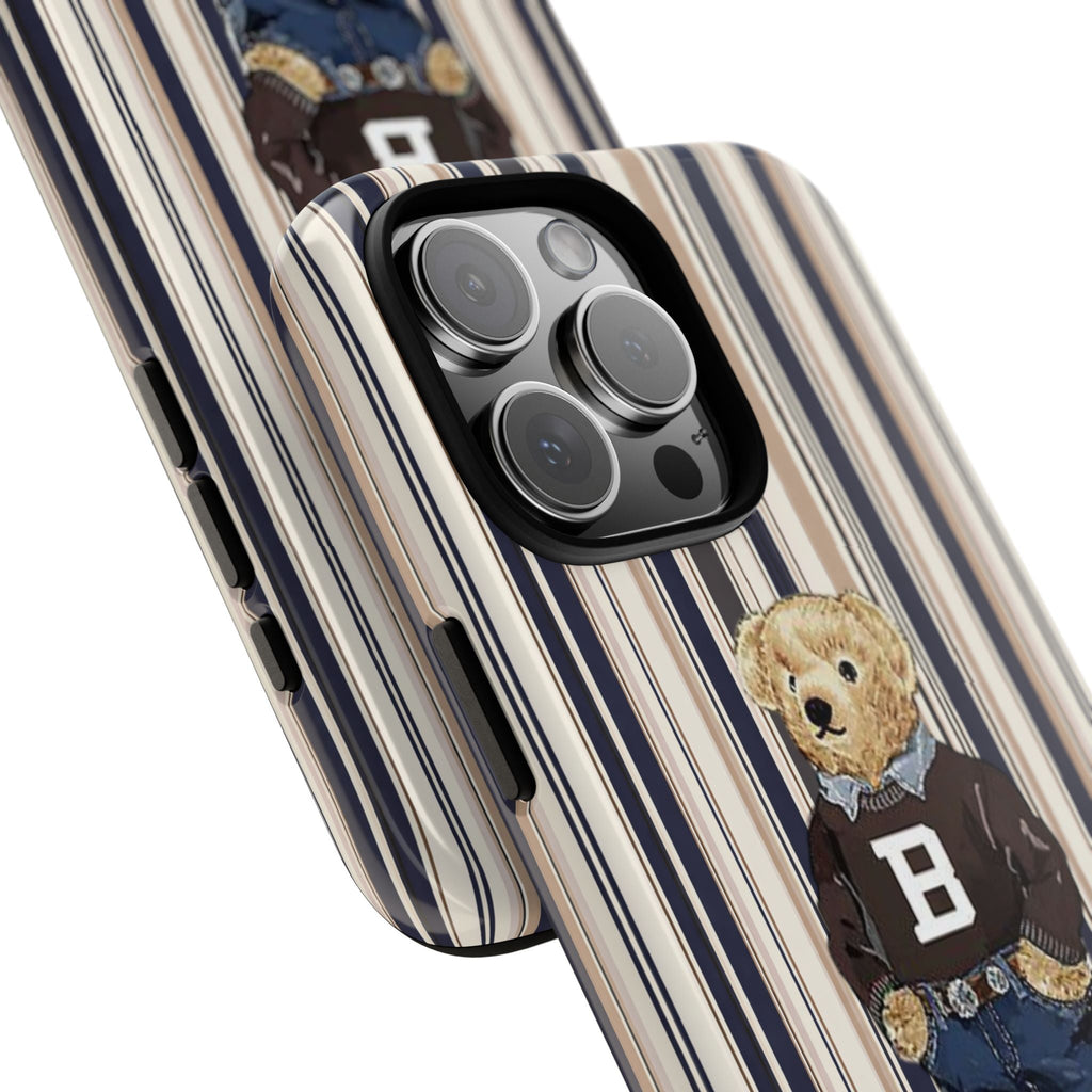 Diagonal view: striped phone case with teddy bear varsity letter B and camera cutout