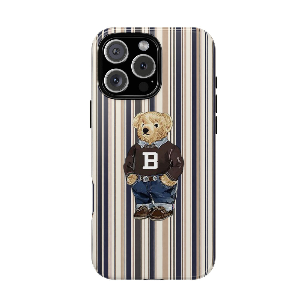 Navy and cream striped phone case with teddy bear varsity letter B on back