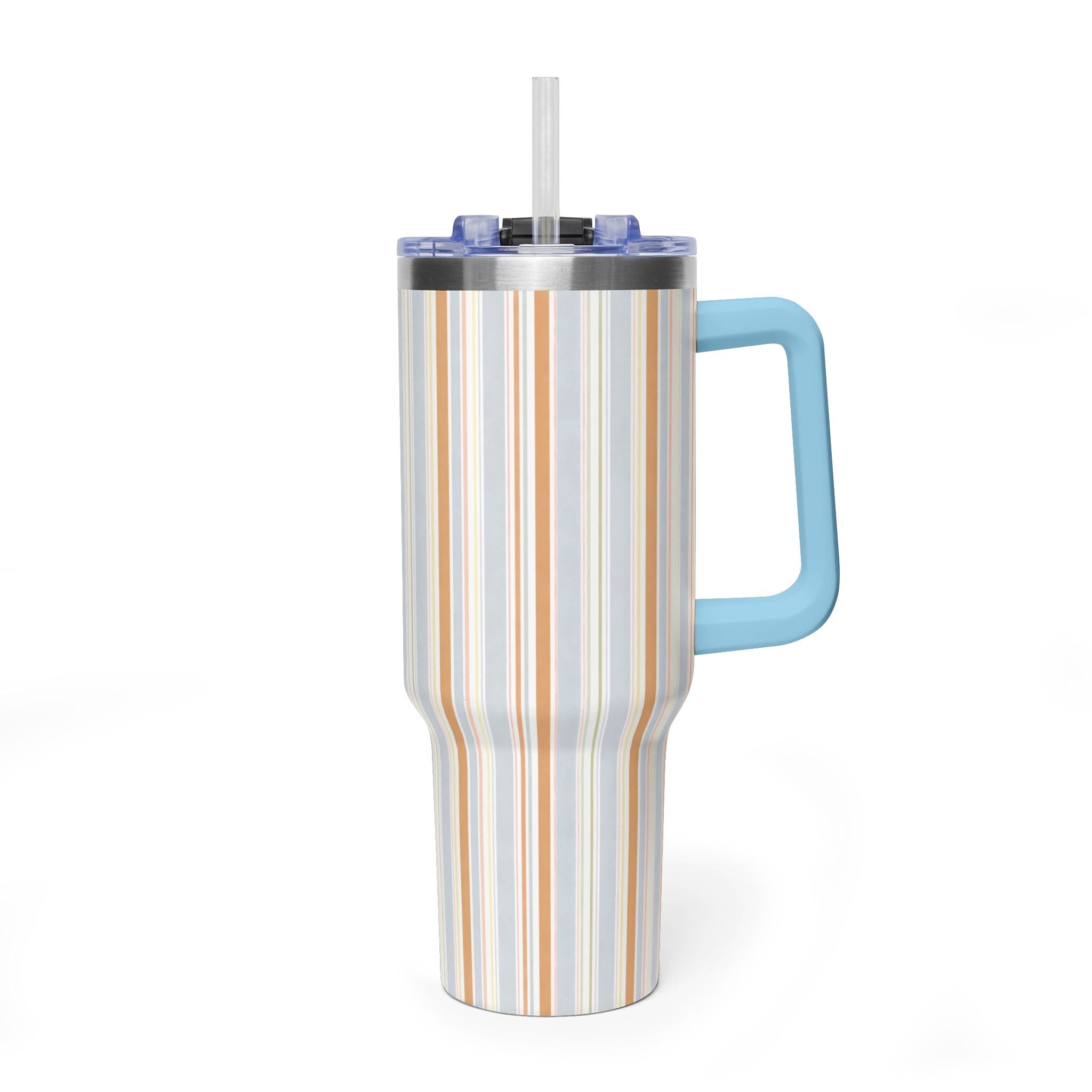 40oz stainless steel tumbler, sky-blue handle, straw, vertical oat-milk stripes