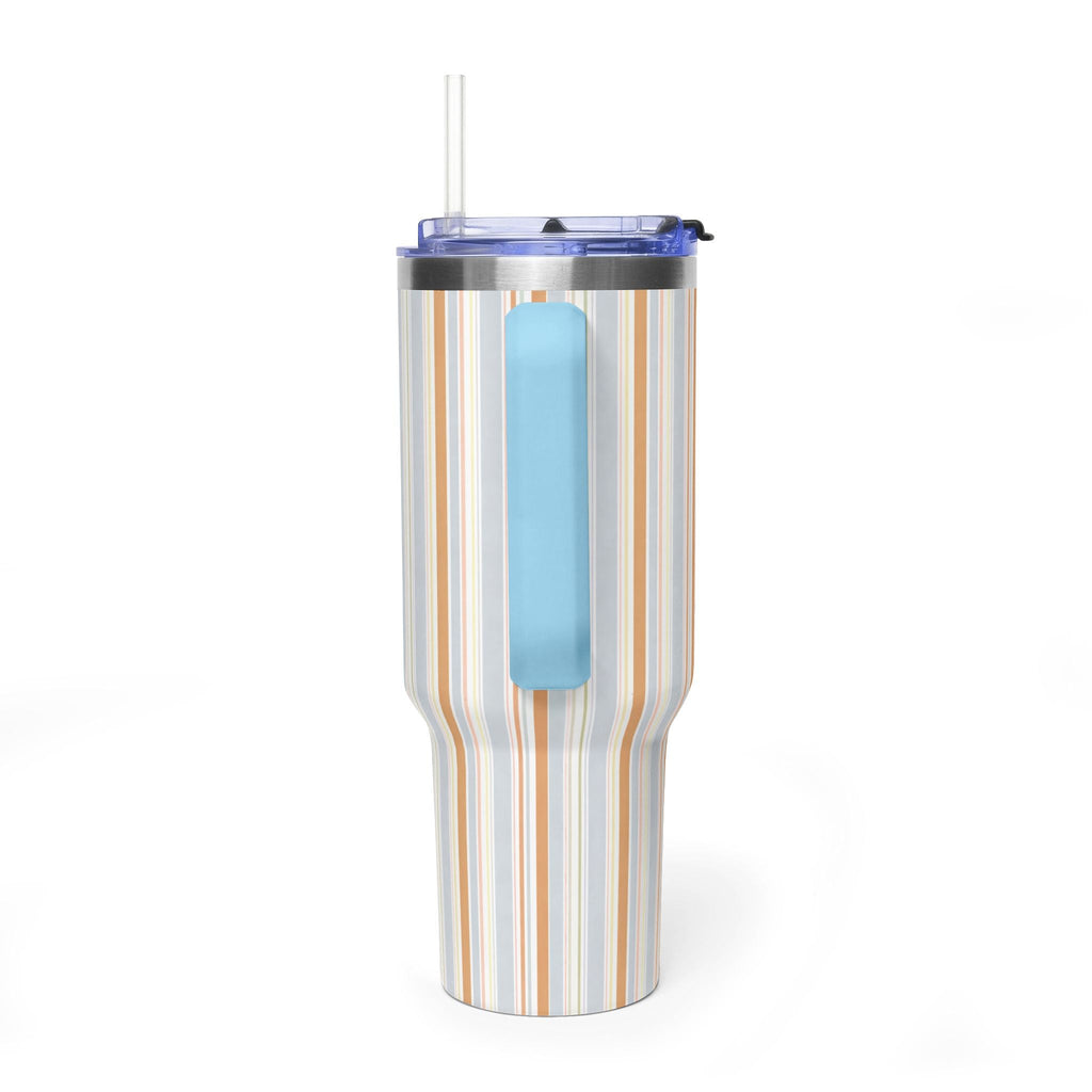 40oz stainless steel tumbler with straw lid, blue side panel window, oat-milk stripe print