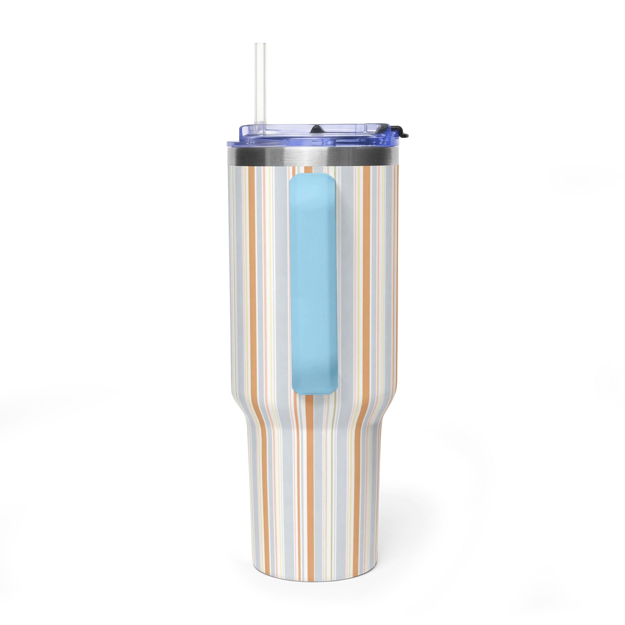 40oz stainless steel tumbler with straw lid, blue side panel window, oat-milk stripe print