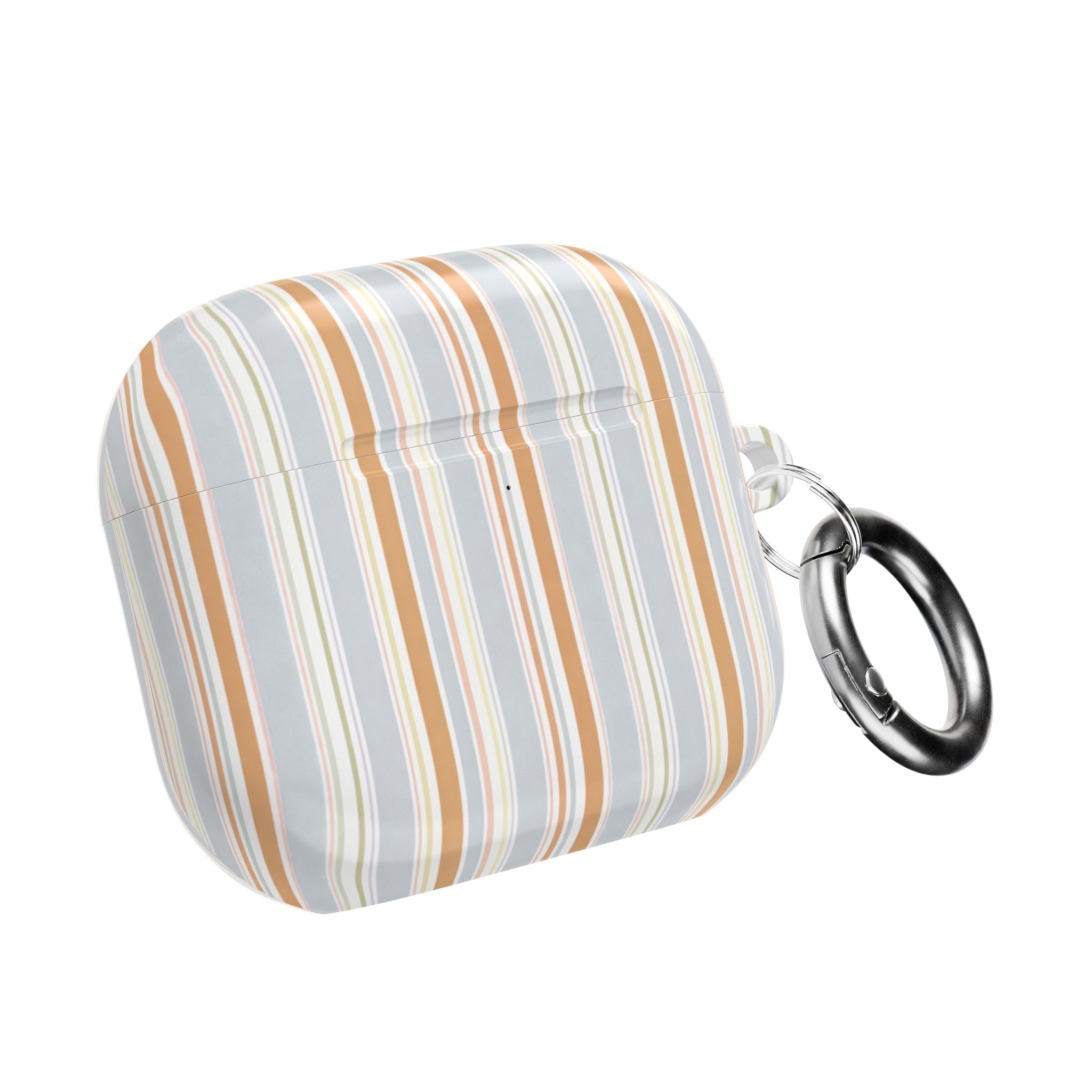 AirPods case with sky-blue, white, and orange stripes and metal key ring