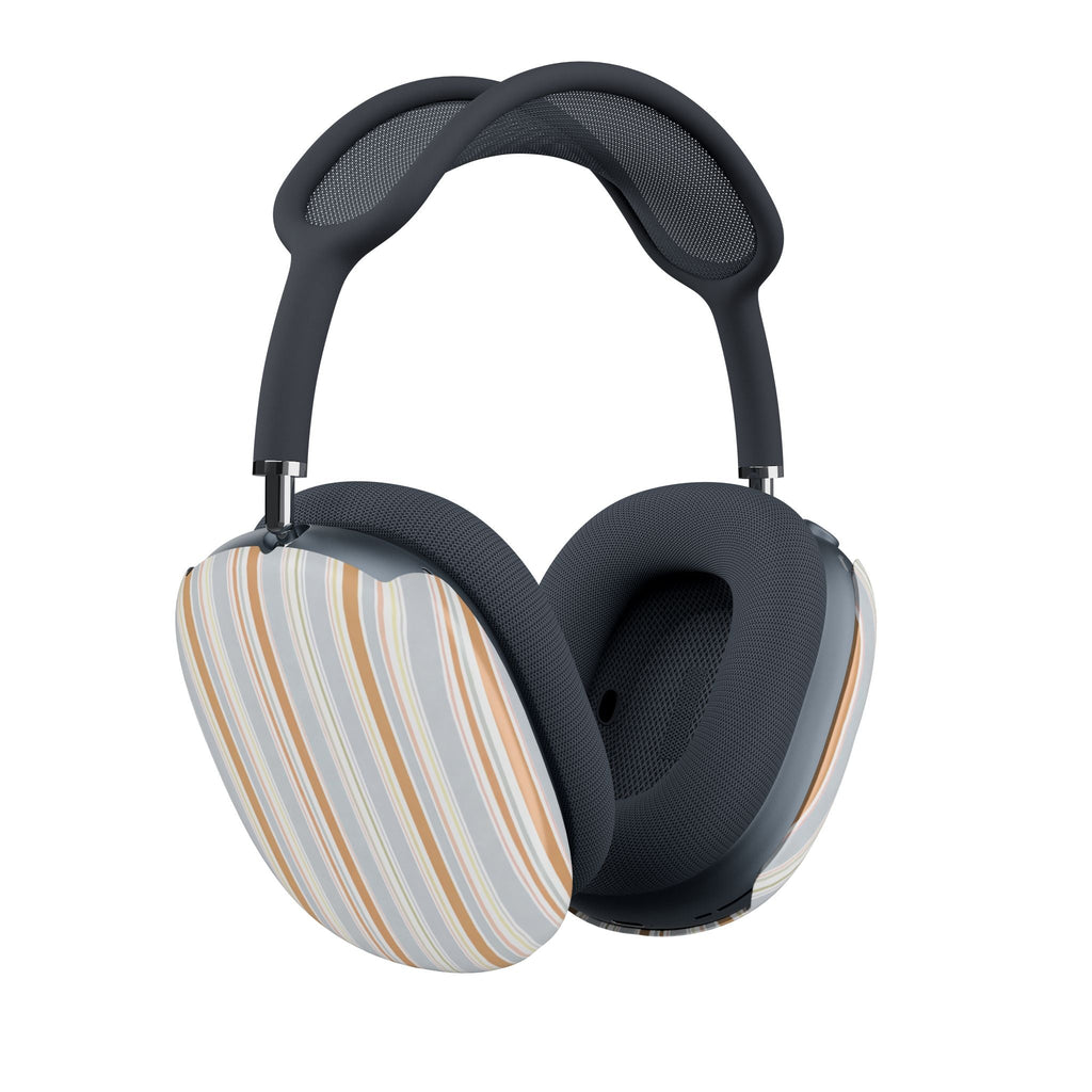 AirPods Max ear cup covers on headphones: one striped white/orange/blue, one dark