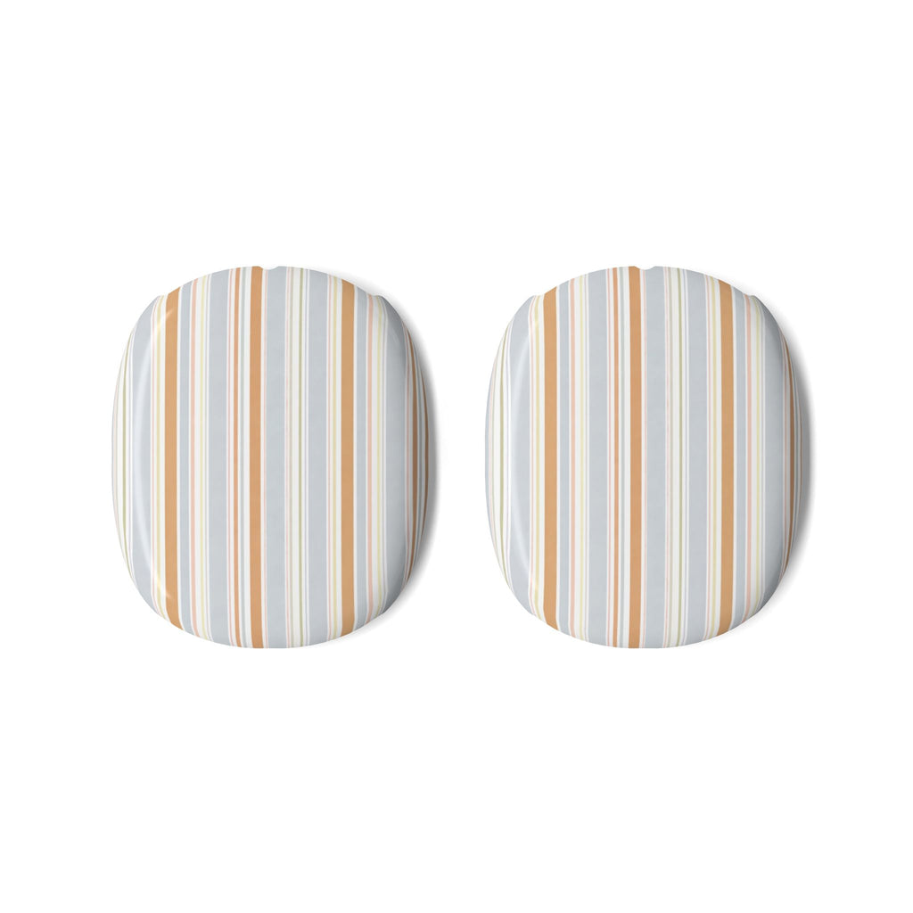 AirPods Max ear cup covers, pair of round pads with vertical white orange blue stripes