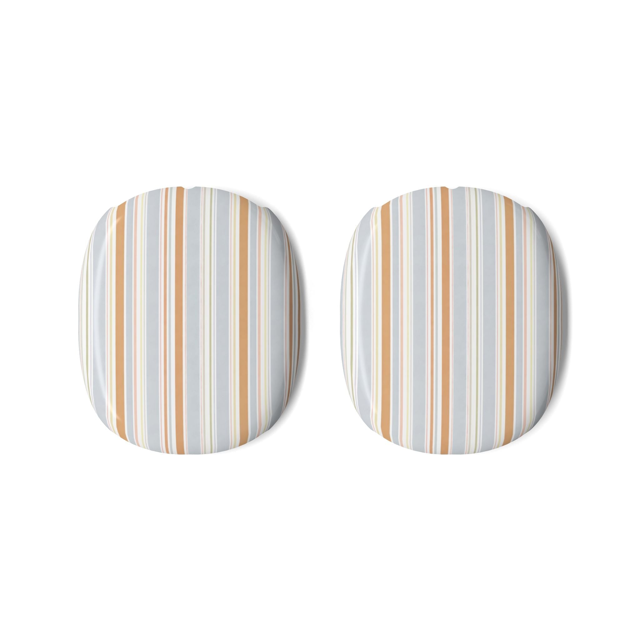 AirPods Max ear cup covers, pair of round pads with vertical white orange blue stripes