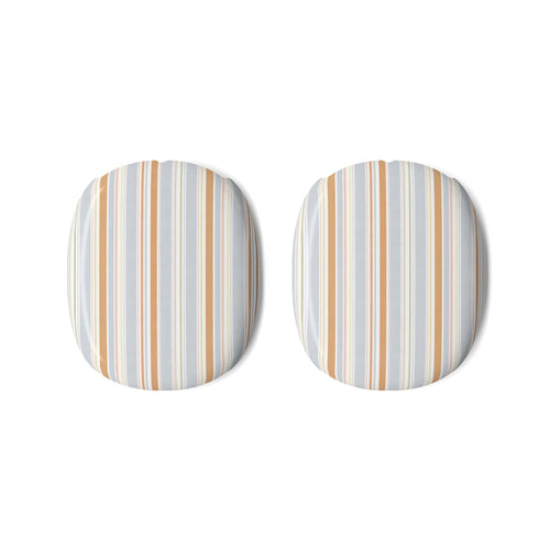 AirPods Max ear cup covers, pair of round pads with vertical white orange blue stripes