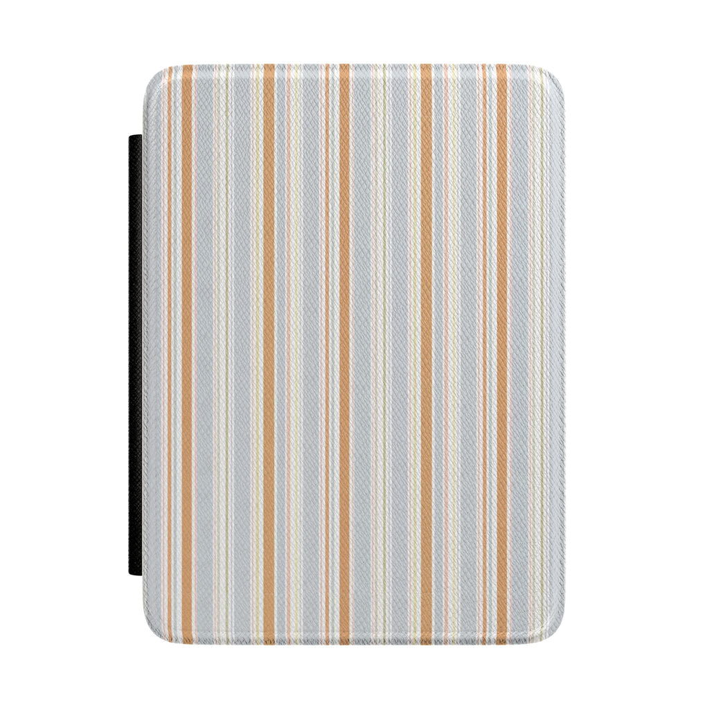 Hardcover Kindle case with vertical sky-blue, tan, and white striped fabric