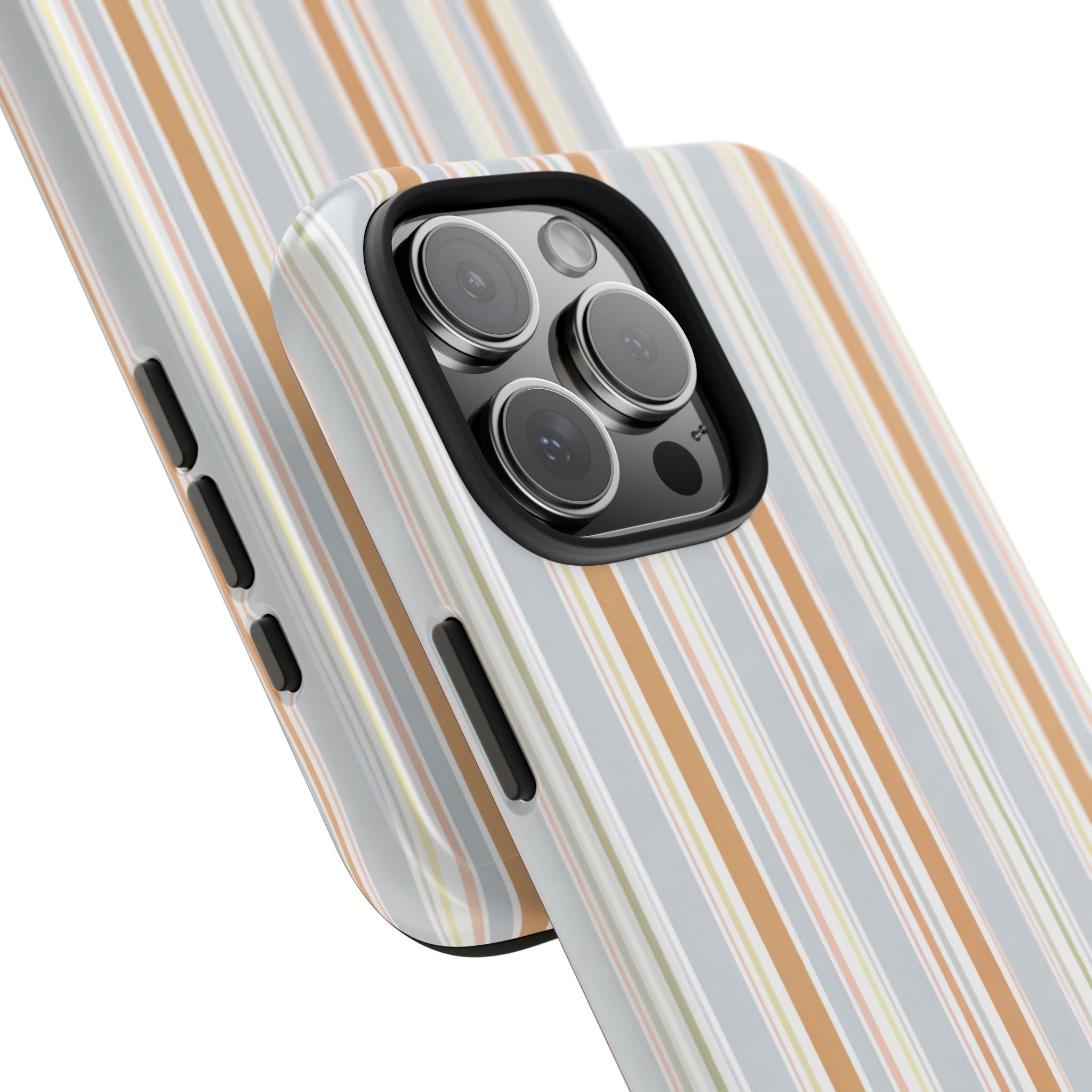 Phone case angled close-up: vertical striped back with raised camera lens cover