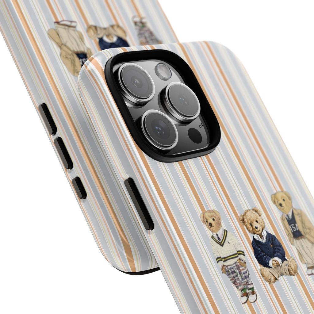 Angled striped phone case with teddy bears and side button cutouts