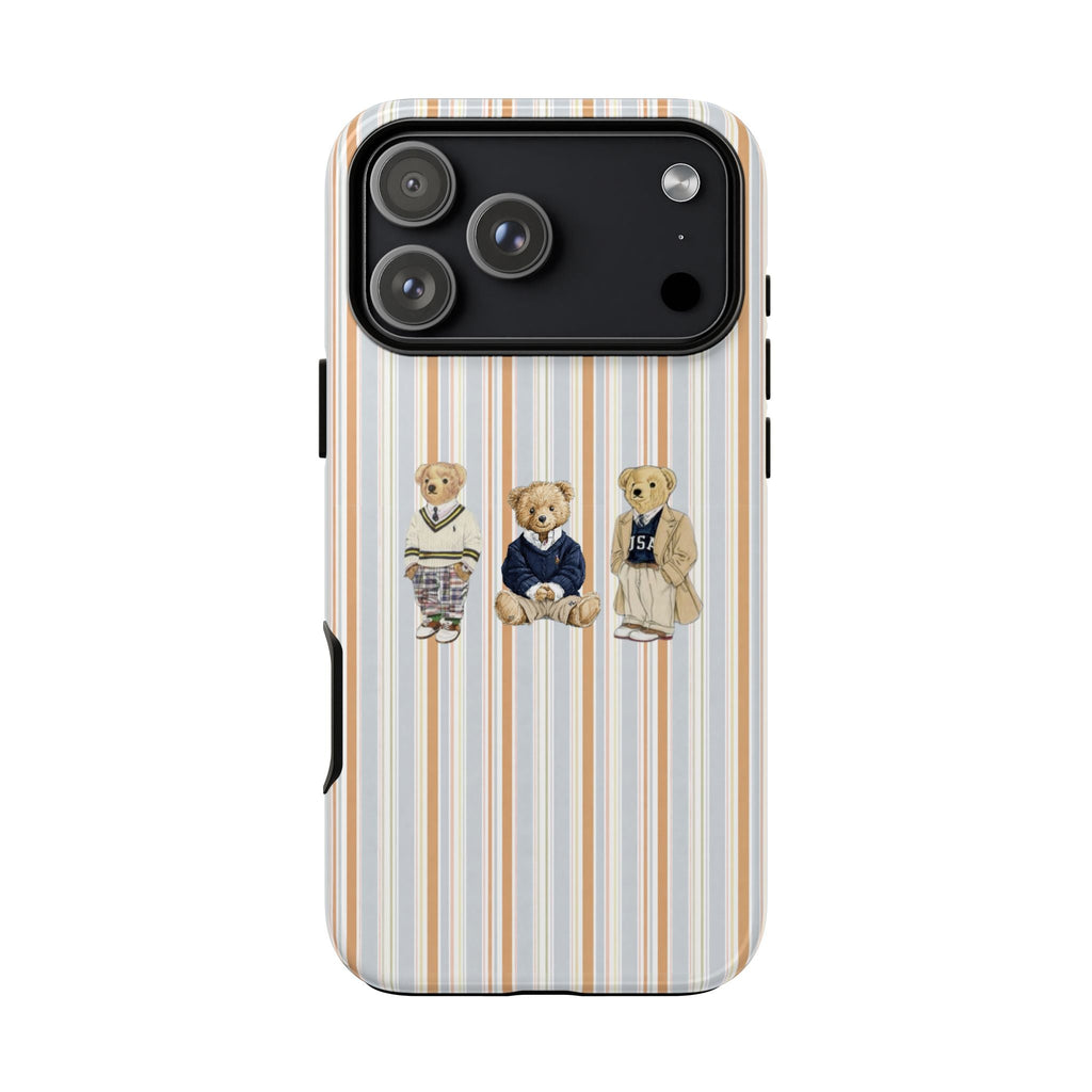 Striped phone case with teddy bears, visible camera cutout and flash area