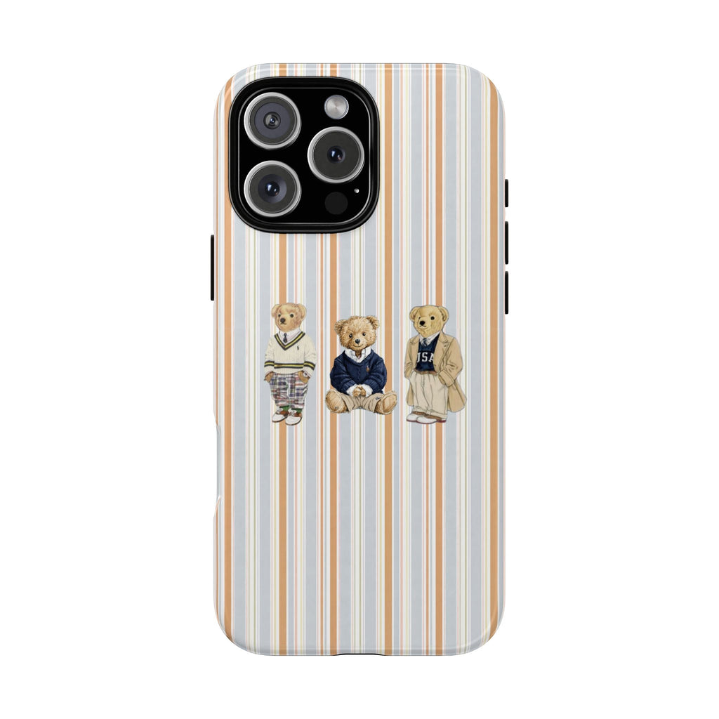 Oat milk striped phone case with three teddy bears in outfits