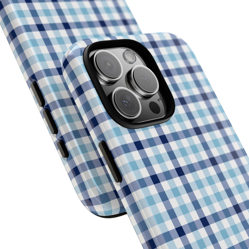 Ocean blue gingham phone case angled view with camera-lens cutouts