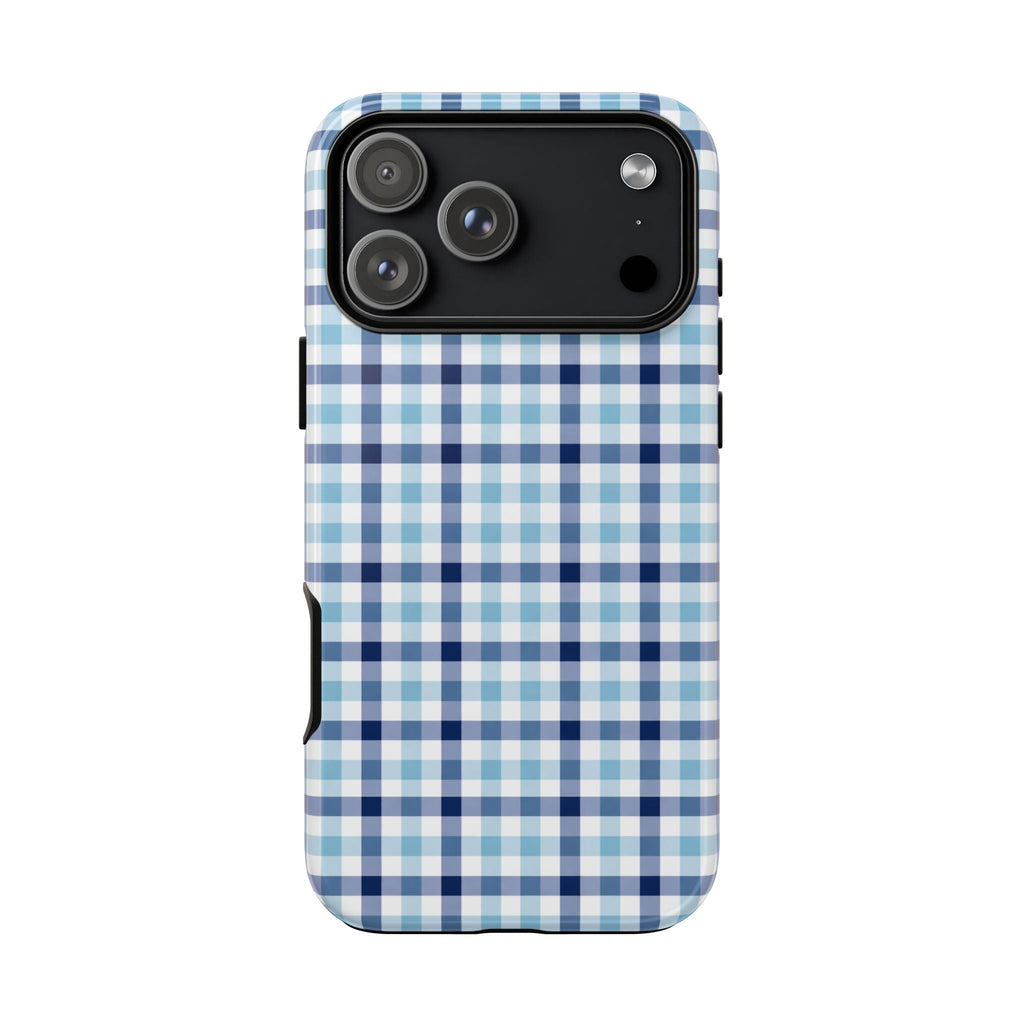 Ocean blue gingham phone case back with multi-lens camera and flash cutouts
