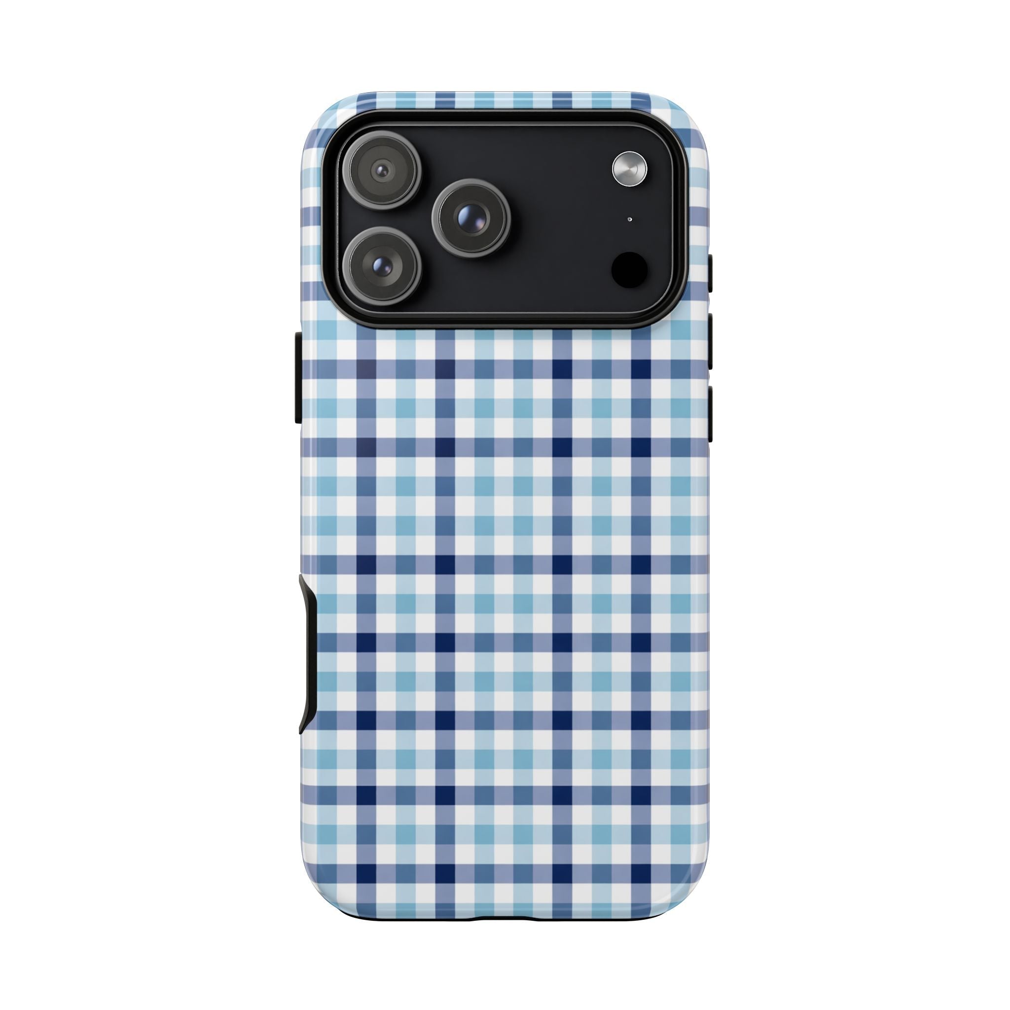 Ocean blue gingham phone case back with multi-lens camera and flash cutouts