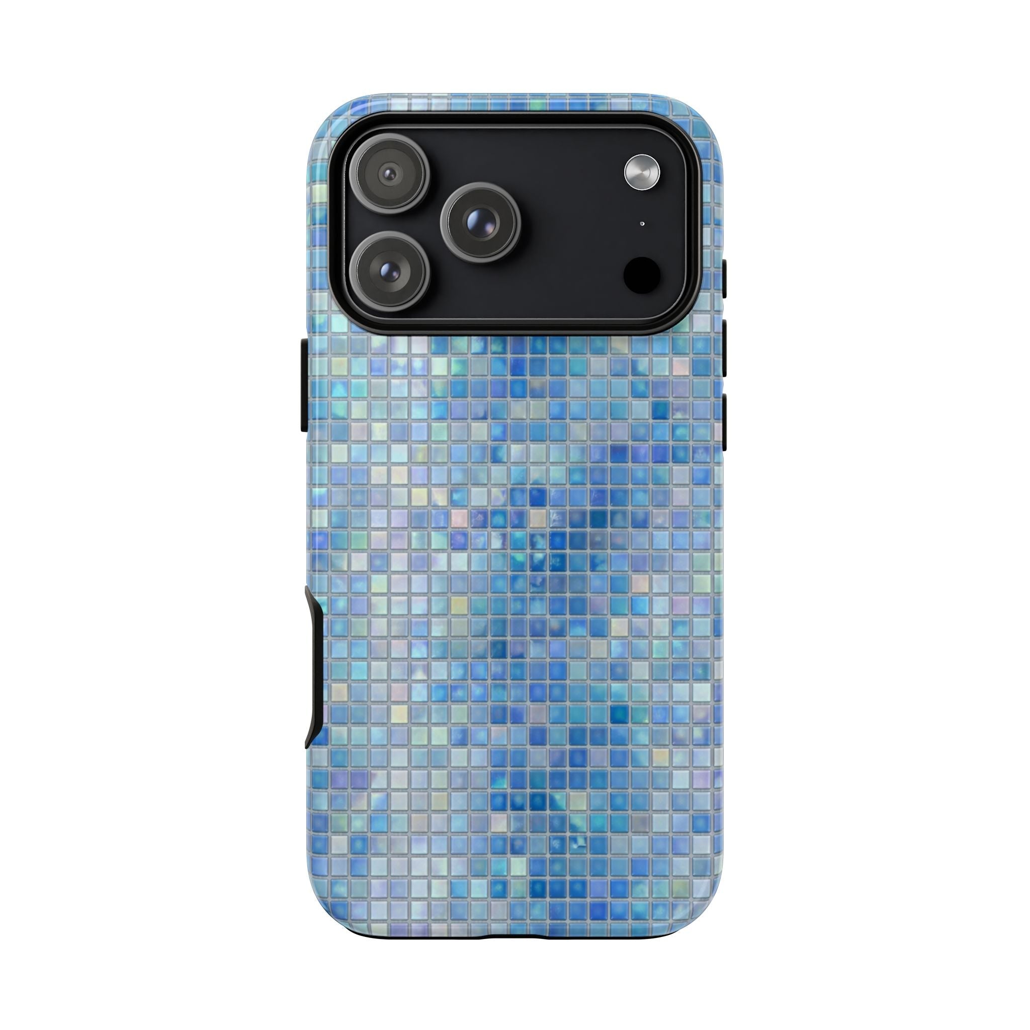 Ocean blue mosaic phone case back with dark camera area and protective raised edges