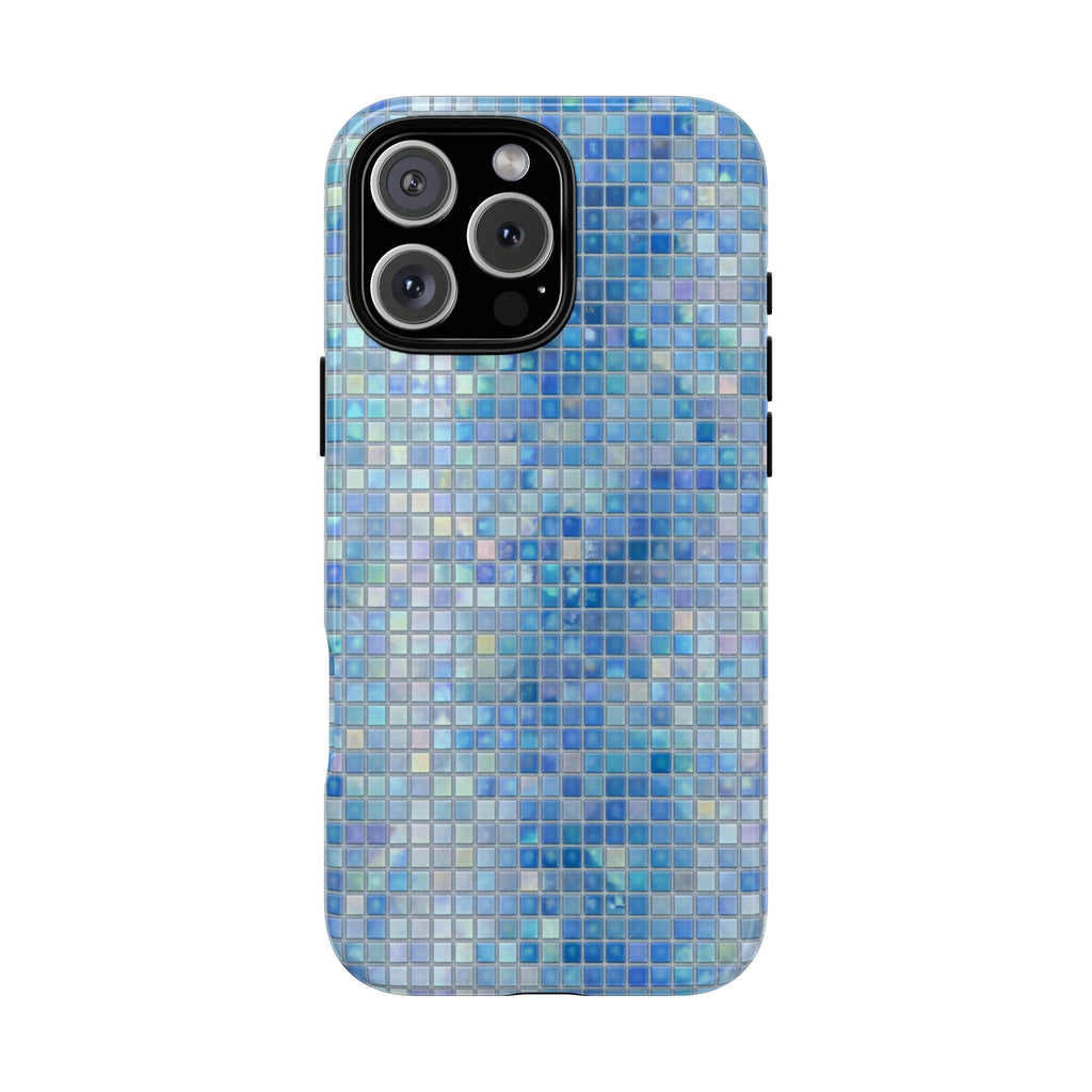Ocean blue mosaic phone case with raised camera cutout, light and dark blue tile pattern