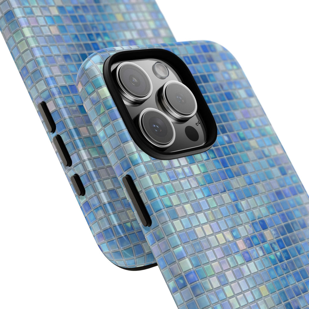 Blue mosaic phone case, angled view with side button openings and triple camera cutout