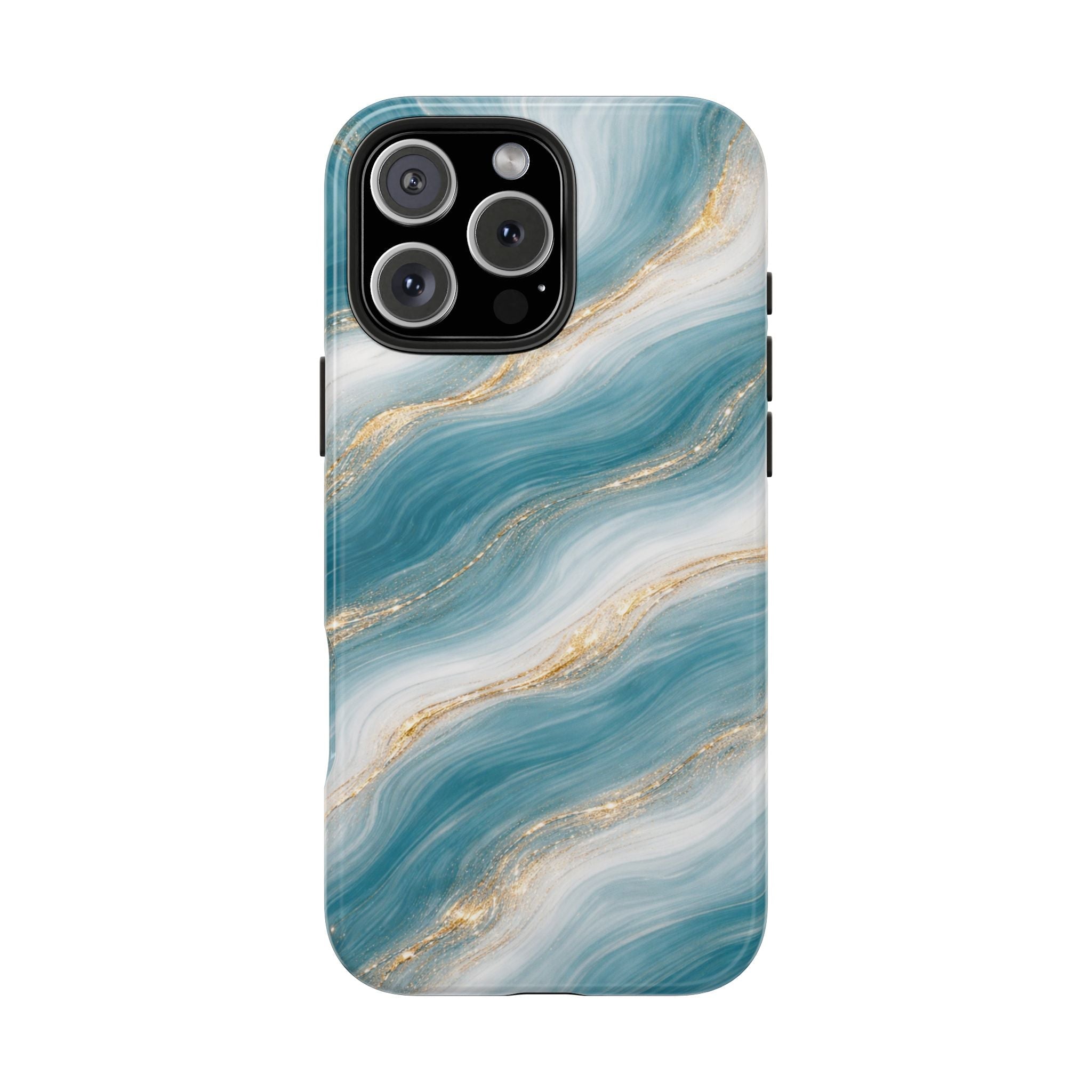 Ocean marble swirl phone case in teal and white with gold streaks; triple camera cutout