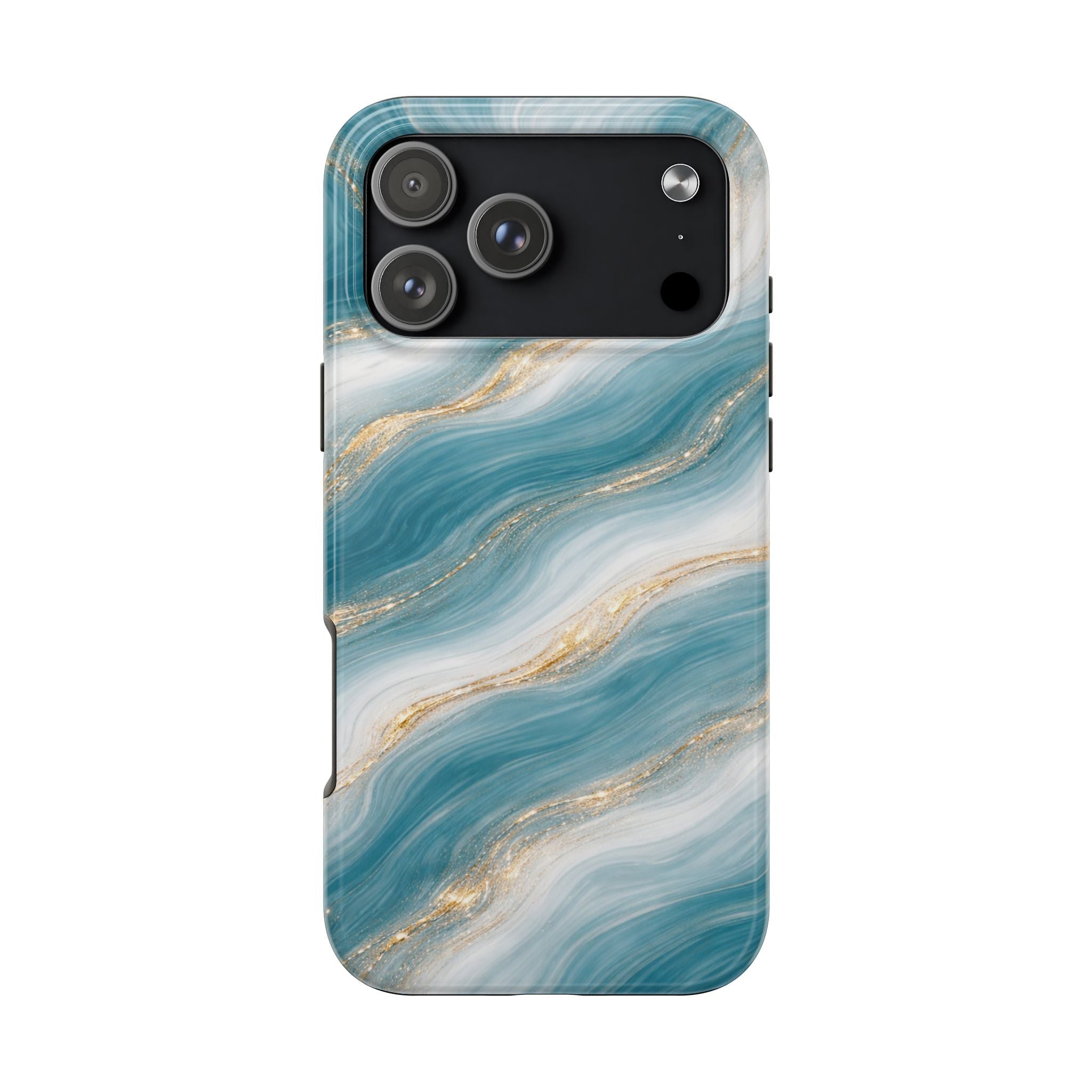 Ocean marble swirl phone case with teal blue waves and gold flecks; camera openings visible