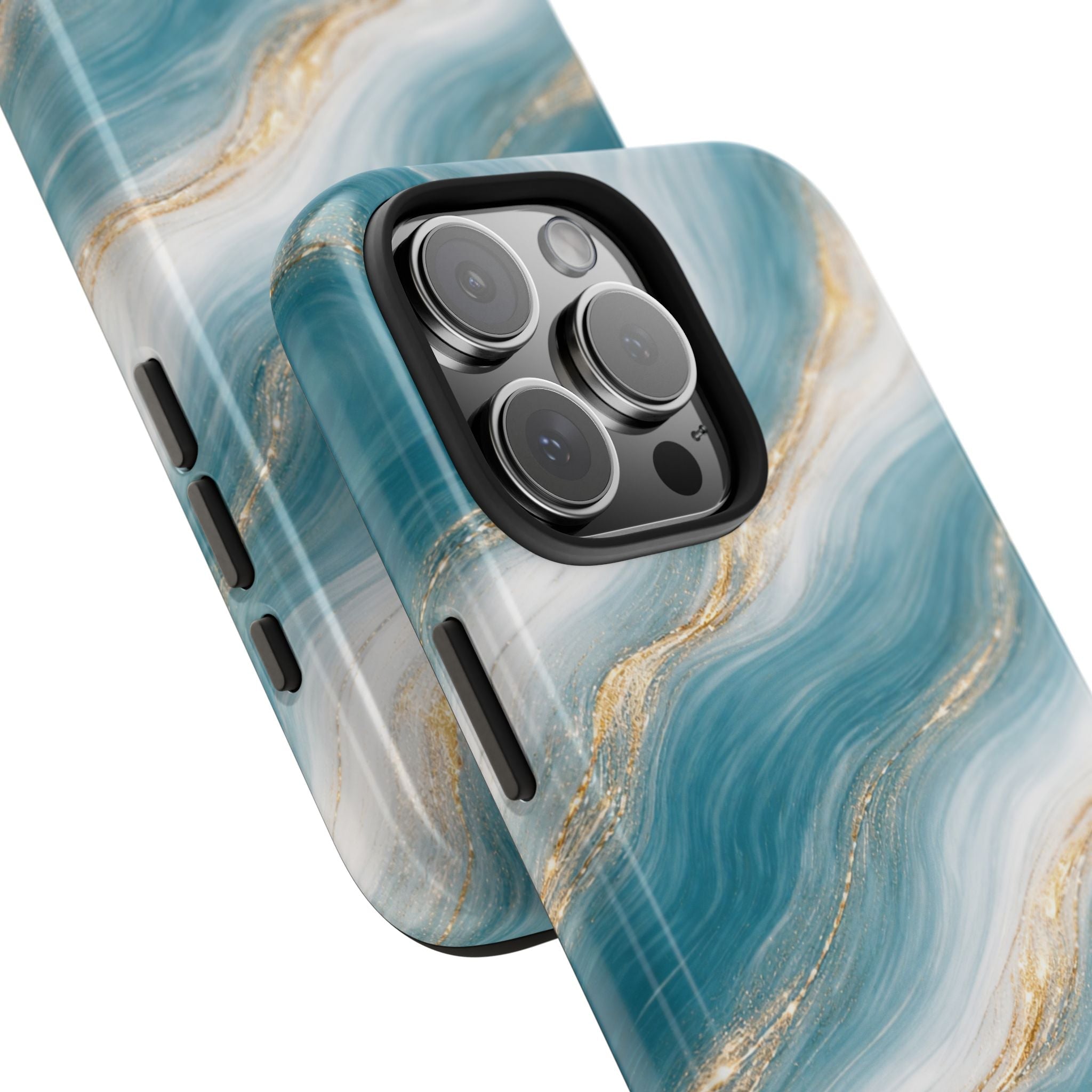 Ocean marble swirl phone case showing side buttons and teal blue gold veining pattern