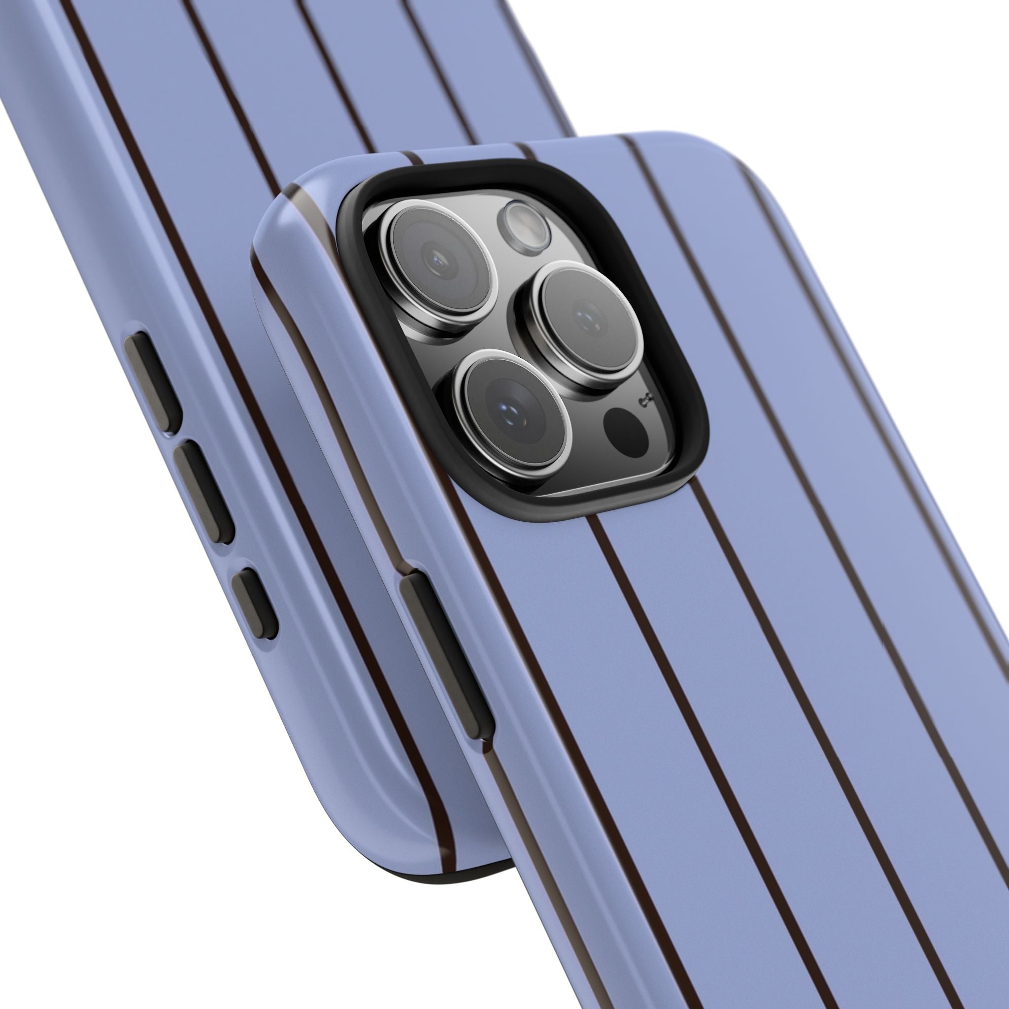 Blue minimalist striped phone case with raised camera lenses and side cutouts