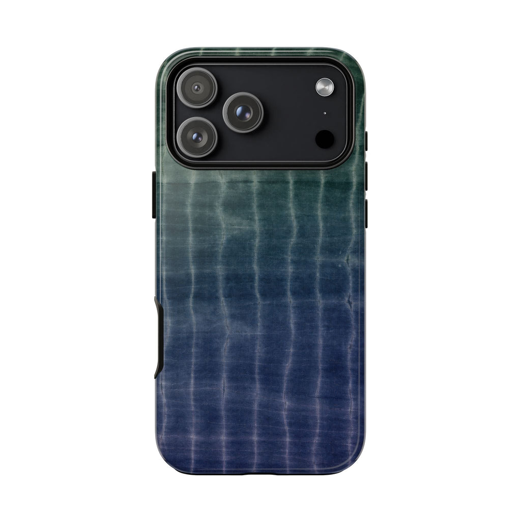 Ocean shibori tie-dye phone case, teal and blue gradient with lens and flash openings