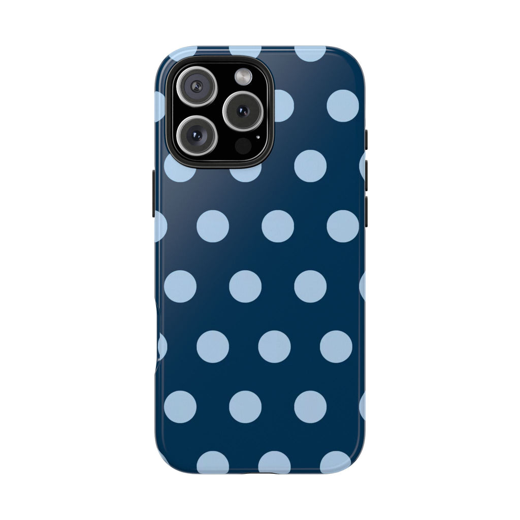Polka dot phone case in ocean blue with light blue circles; camera cutout details