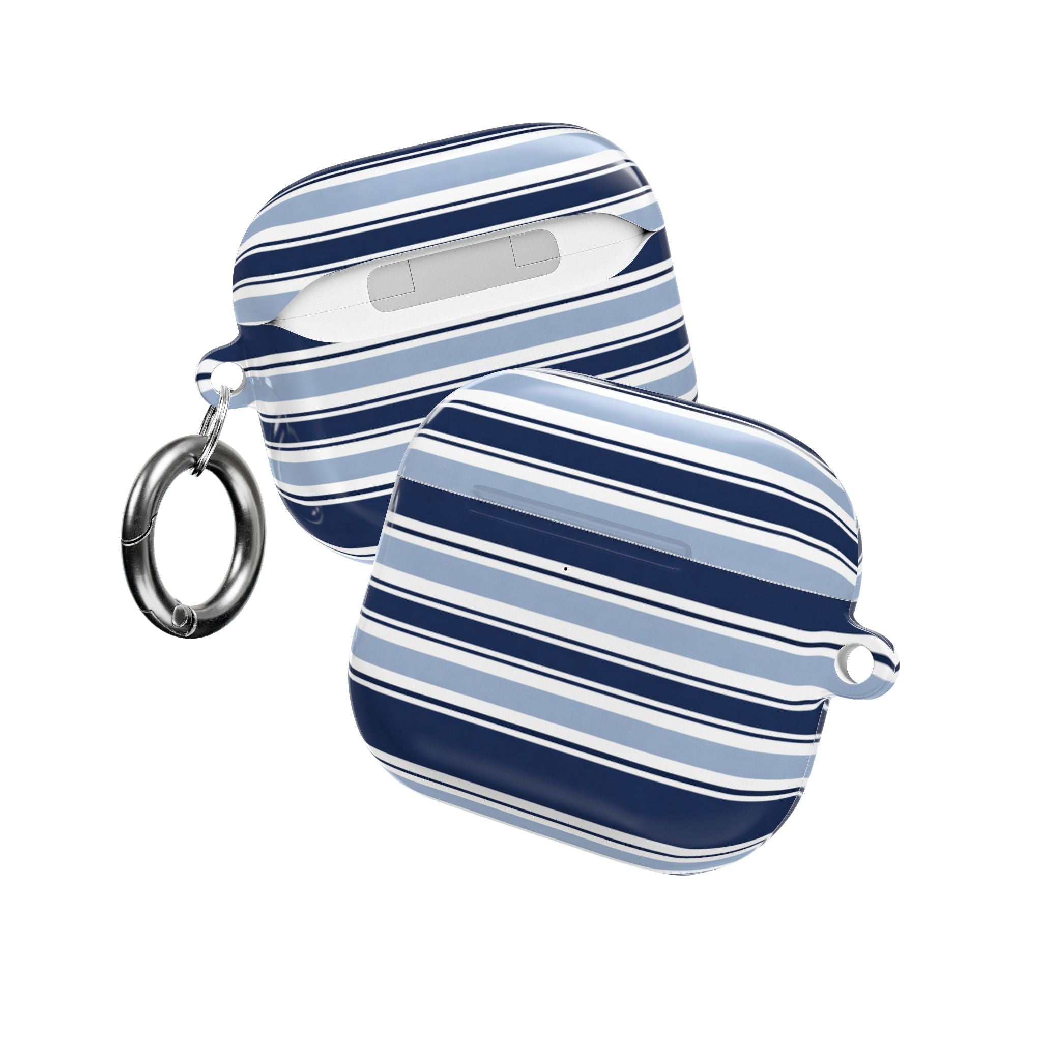 AirPod case with navy and light blue stripes, two hanging keyrings