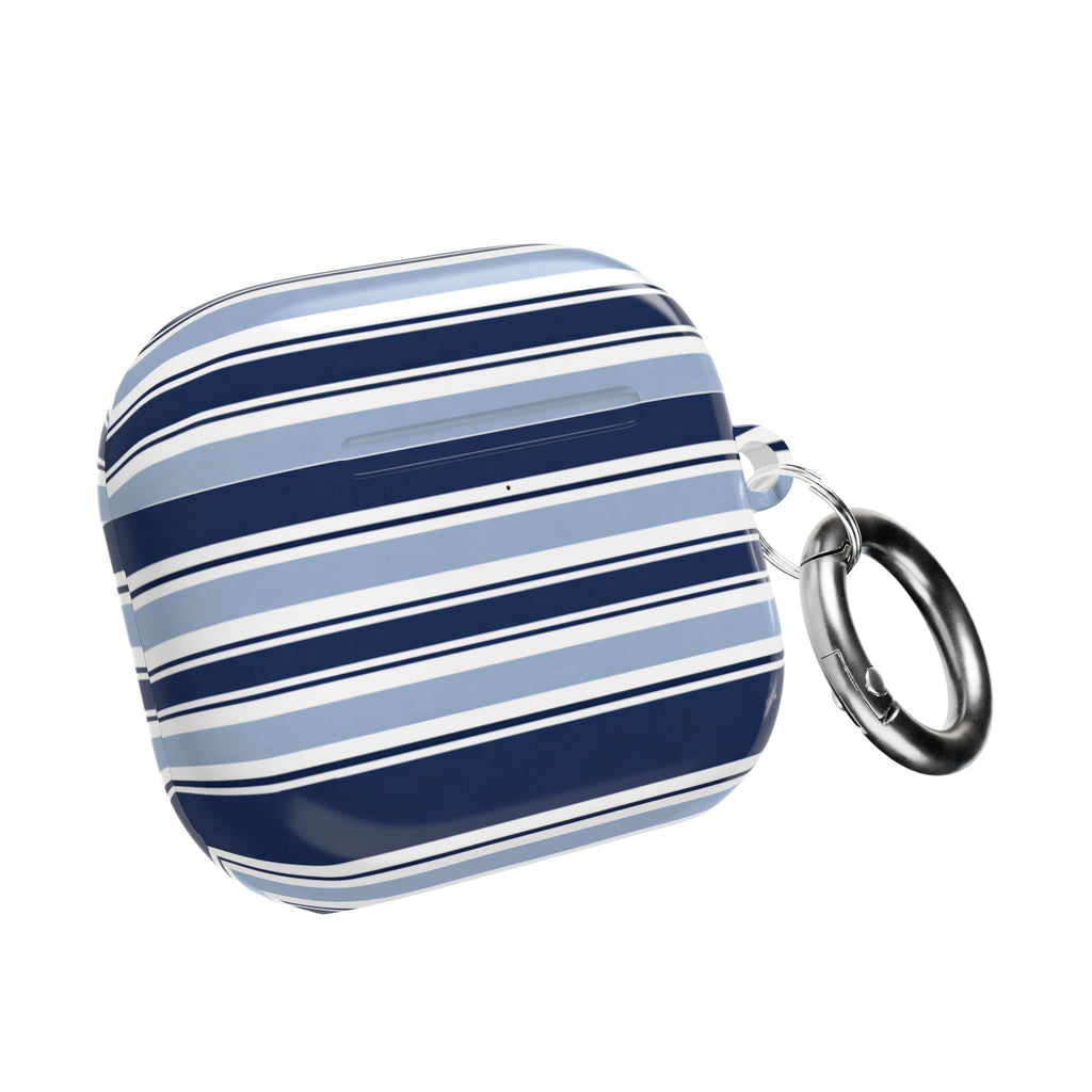 AirPod case with navy and light blue stripes, metal keyring on side
