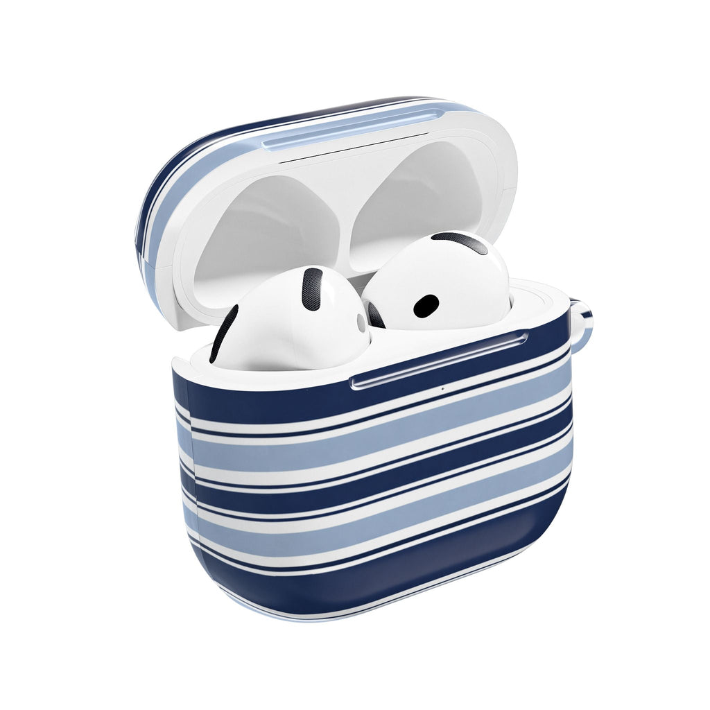 AirPod case with navy and light blue horizontal stripes, open lid with earbuds inside