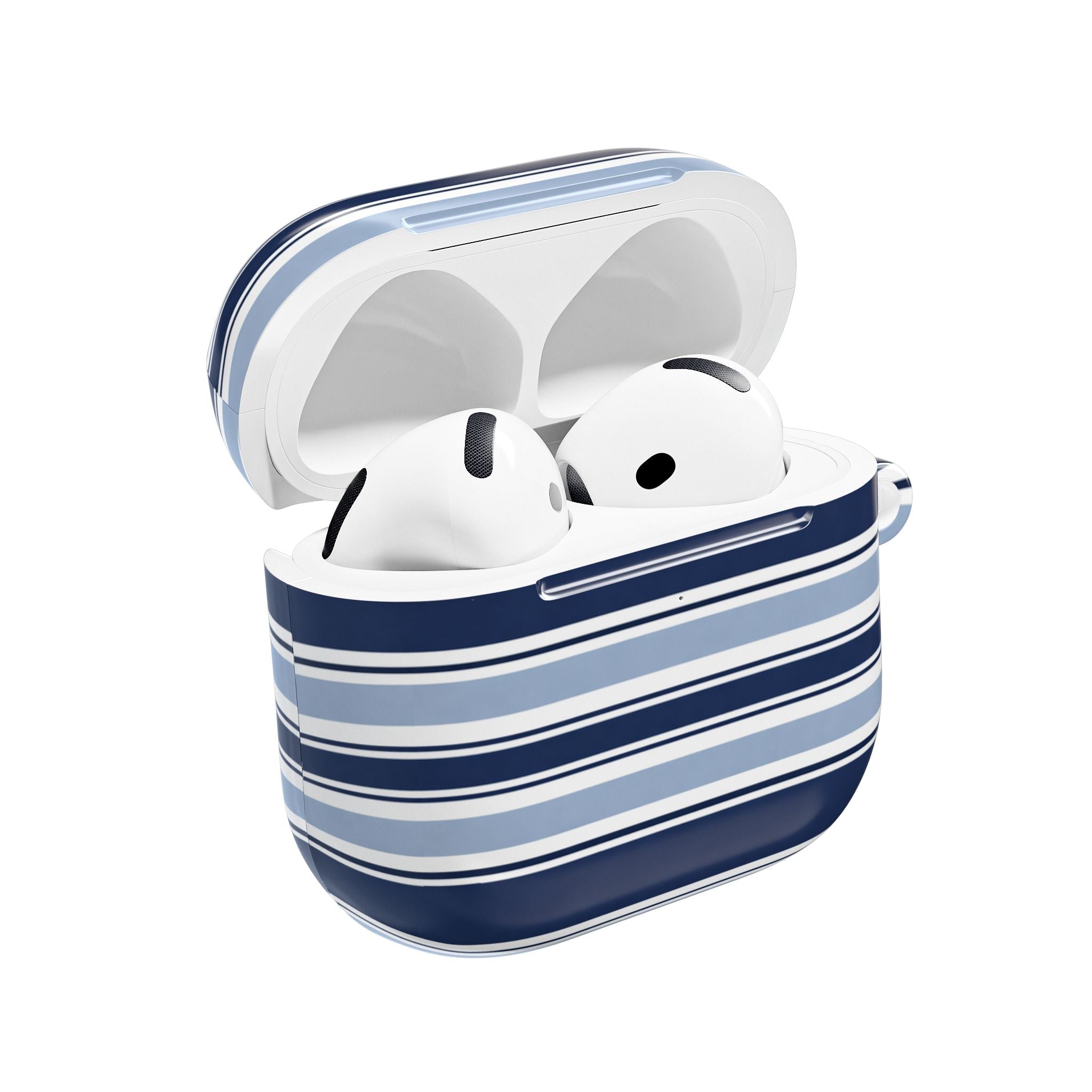 AirPod case with navy and light blue horizontal stripes, open lid with earbuds inside
