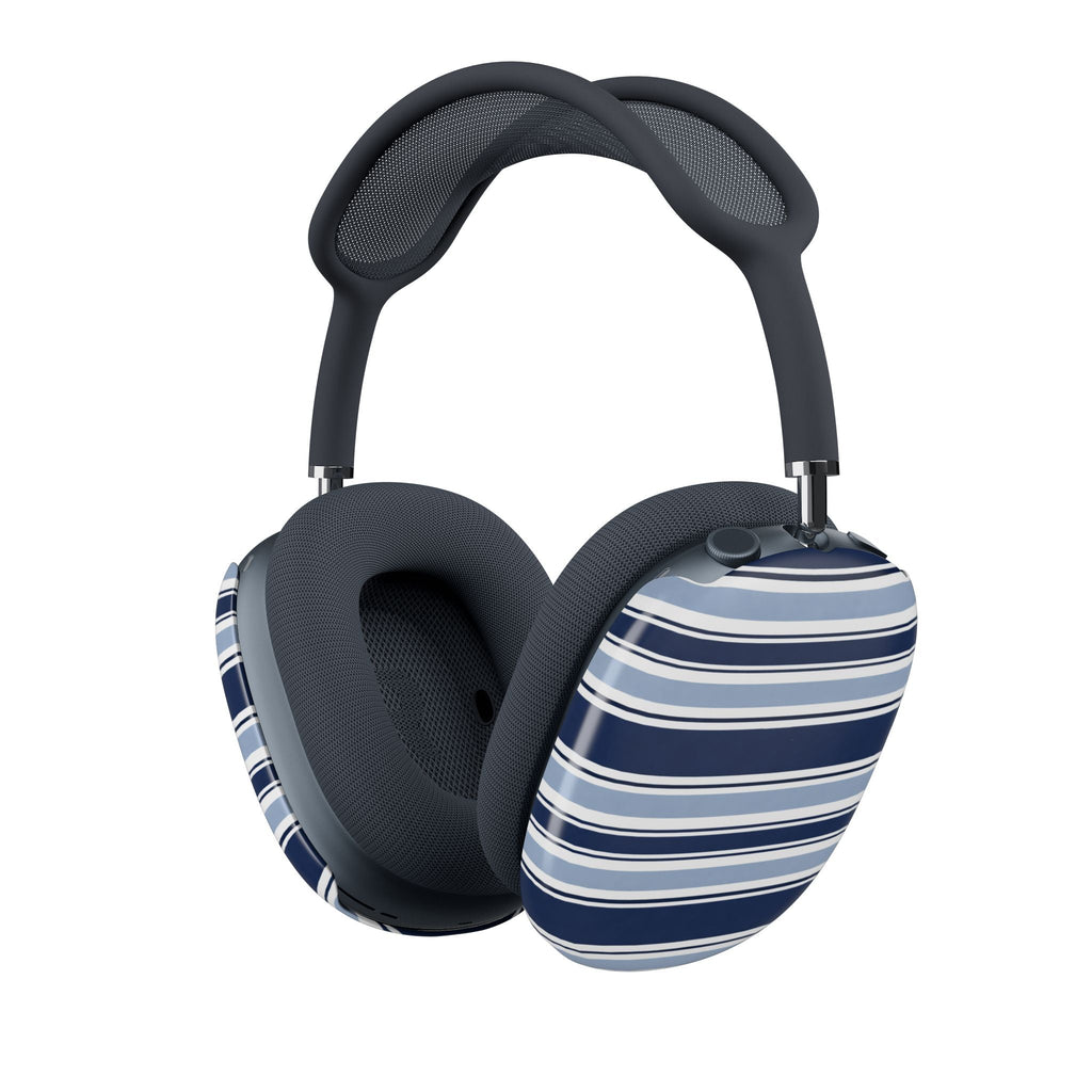 AirPods Max ear pad covers in navy and light-blue horizontal stripes on dark pads