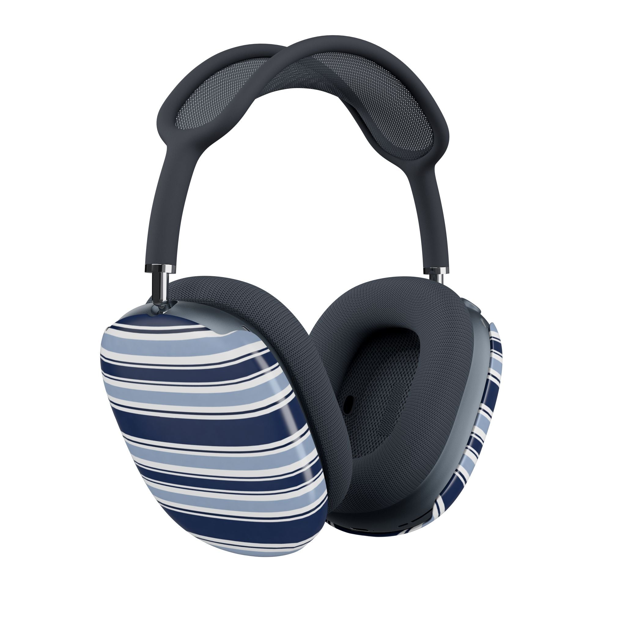 AirPods Max ear pad covers in navy and light-blue stripes on dark headphones