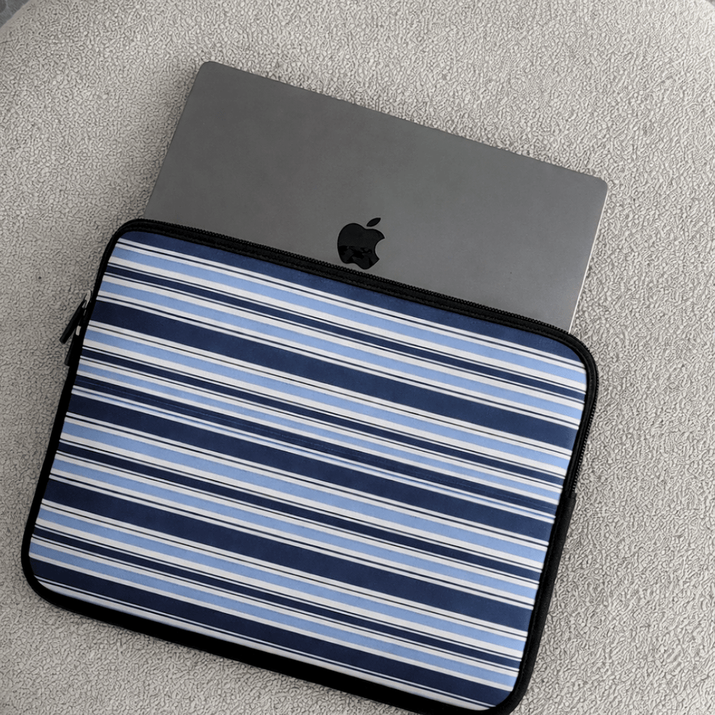 Neoprene tablet and laptop sleeve with navy-and-white stripe front and black zipper