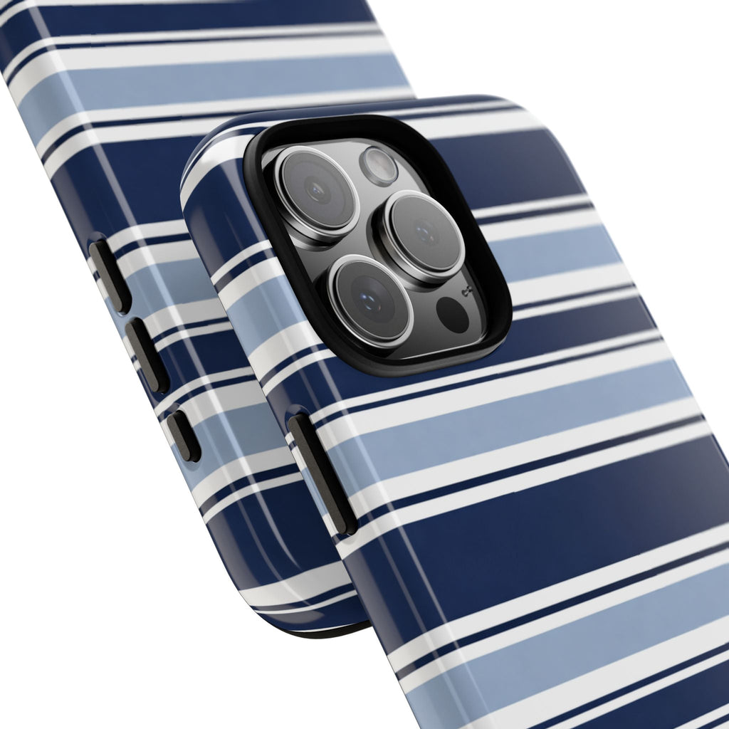 Blue and white striped phone case with raised camera bump and side cutouts