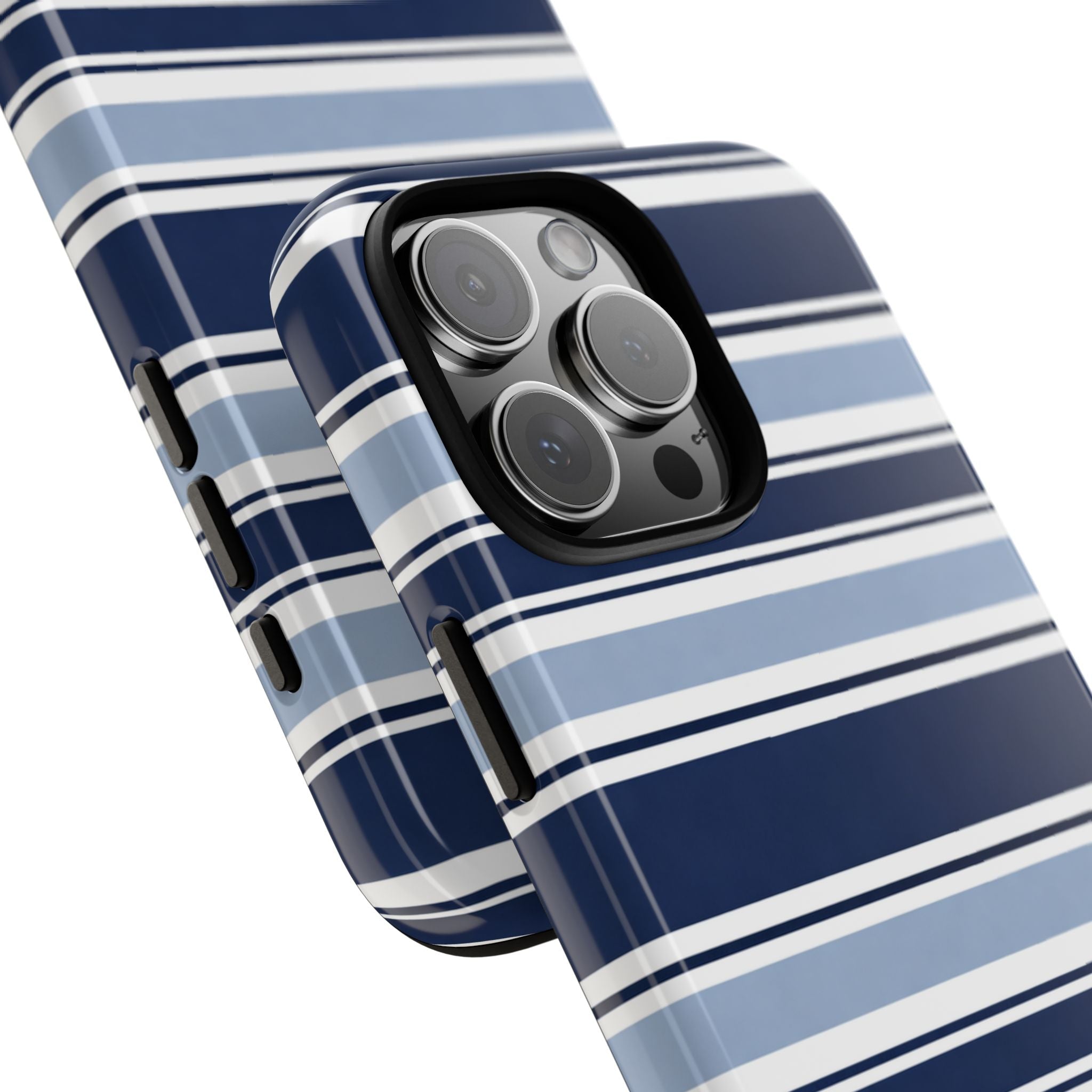Blue and white striped phone case with raised camera bump and side cutouts