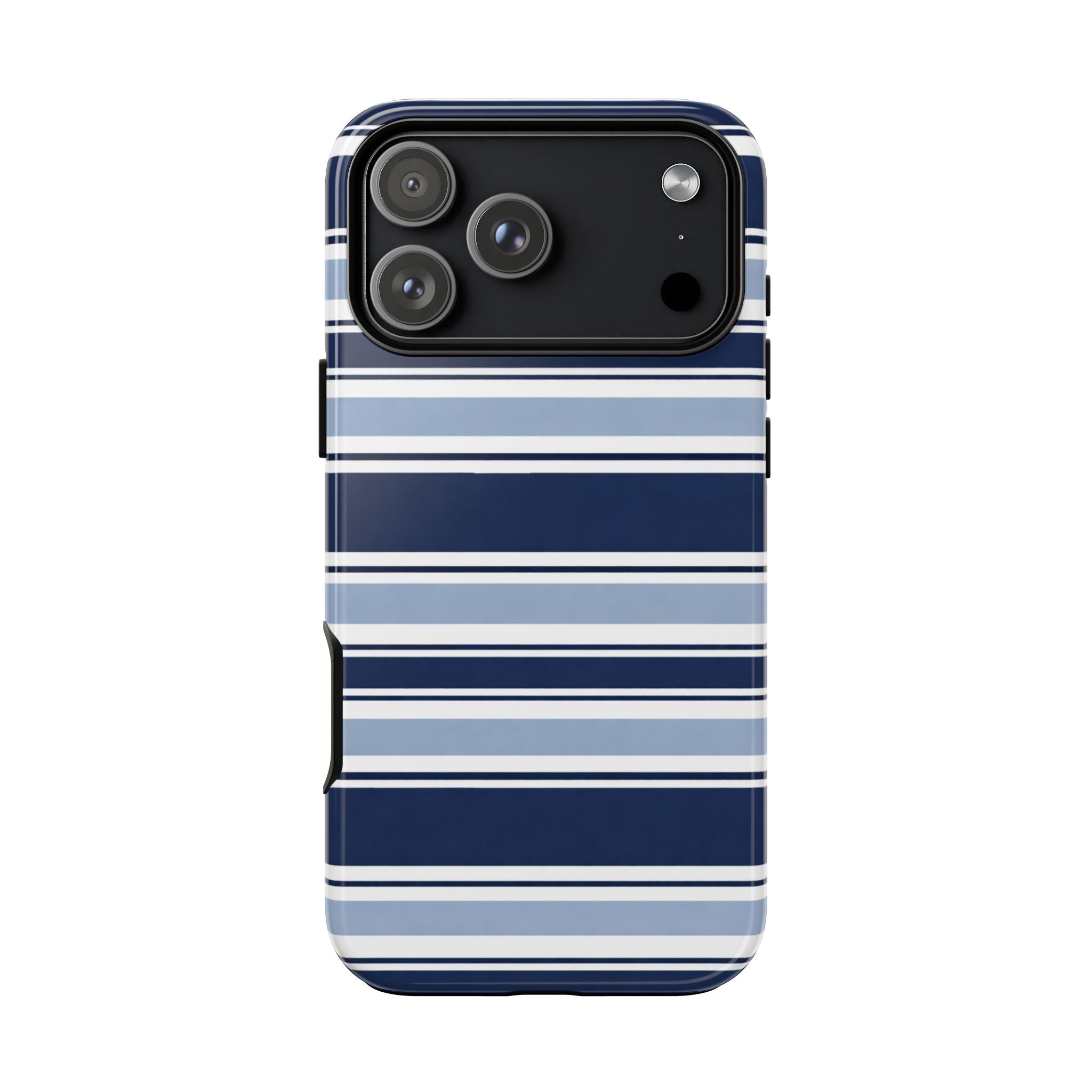 Blue and white striped phone case with camera bar cutout